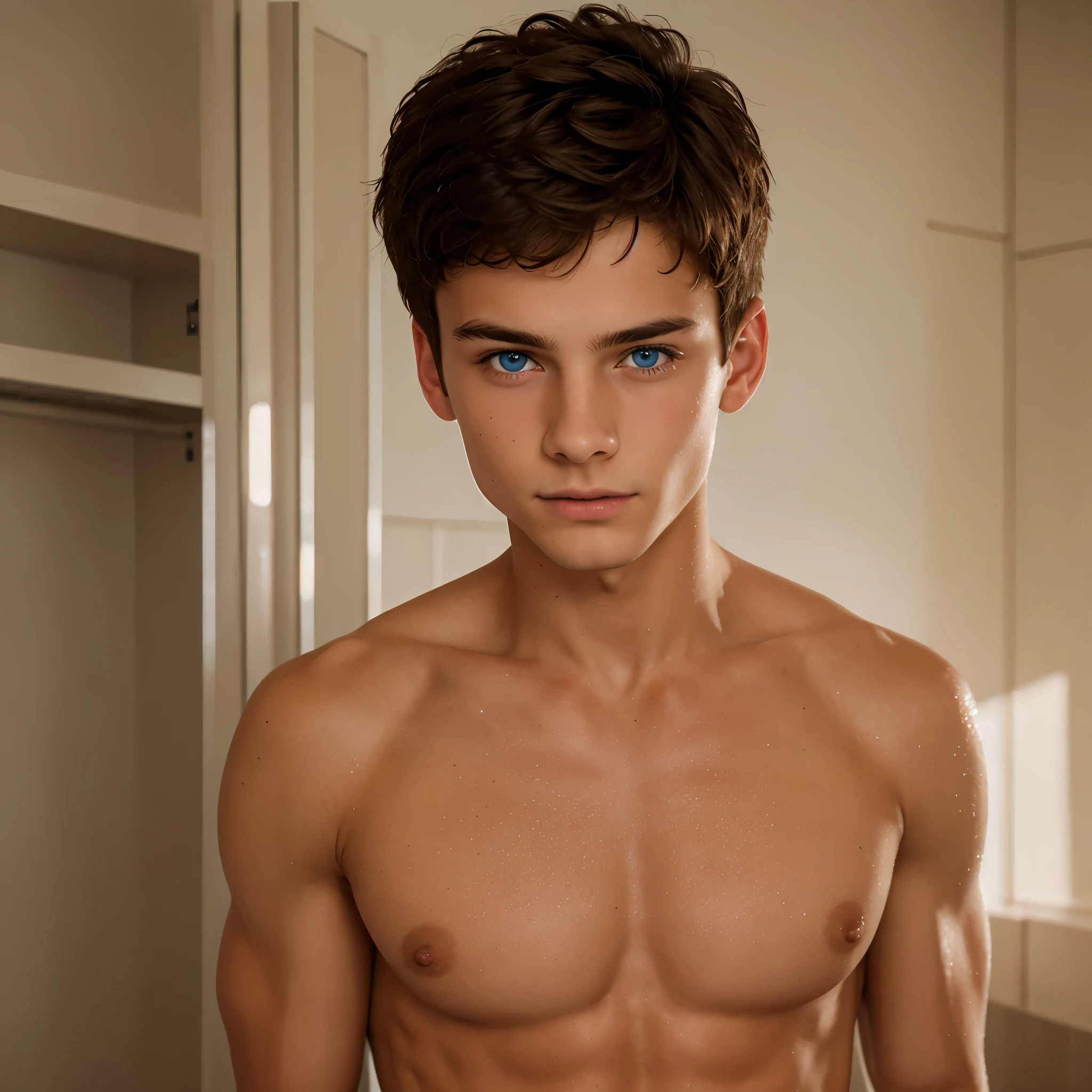 ((best quality)), ((masterpiece)), (detailed), full body, gay, realistic twink, -yeld boperfect face, short hair, blue eyes, American, in locker room, after bath, wearing towel, wet, pretty face with nice round eyes, freckles on face, blush on face, towel wrapped on waist.