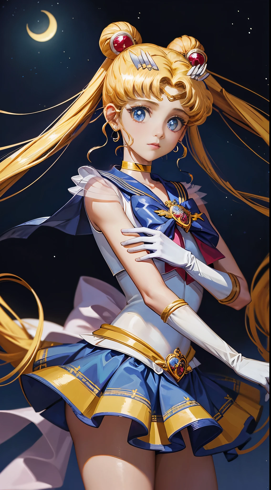 Masterpiece of supreme quality, showcasing one enchanting girl embodying the essence of Super Sailor Moon. The image captured through a cowboy lens invites a captivating night sky as the backdrop, adorned with a breathtaking moonlit glow. White gloves delicately complement her blue eyes, adding to the ethereal allure. A multicolored, galaxy-inspired outfit covers her, featuring a school uniform embellished with stars and a blue skirt. Her hair is cascading down her back, adorned with a hair ornament, red bow, and heart brooch. A crescent moon adorns her earrings, rendering a stunning complement