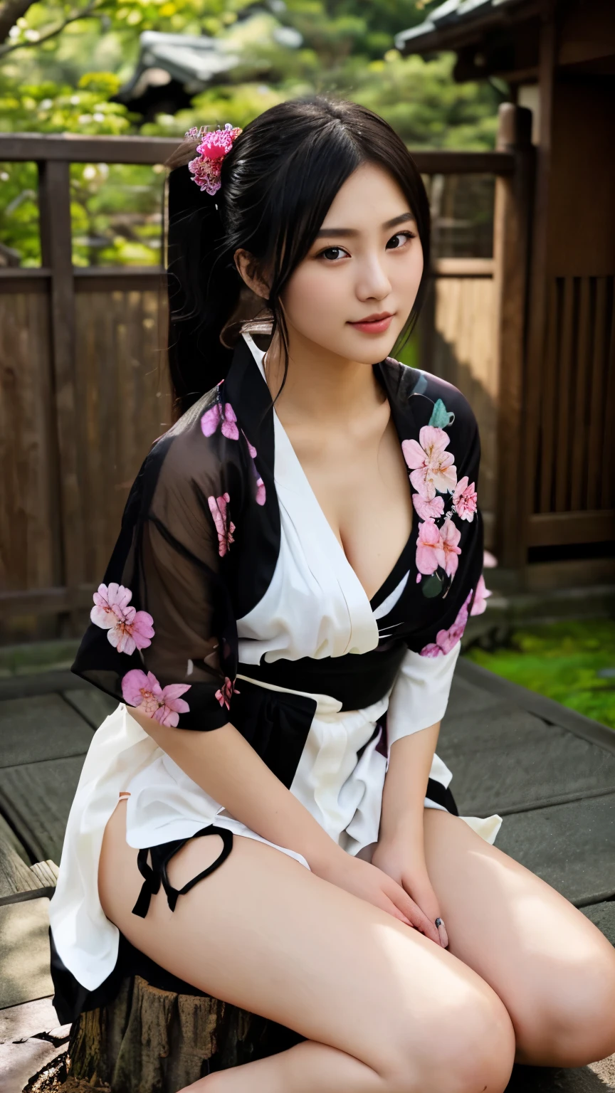 最high quality、high quality、best image quality、8K、最High resolution、High resolution、最high quality、masterpiece、realistic pictures、RAW photo、realistic atmosphere、(detailed face)、(fine hands、thumb1reference4)、(beauty of japan )、very nice face、cute face、((beautiful japanese girl))、(woman), ((18 year old beautiful girl))、(glossy black hair)、(straight long hair)、(ponytail)、whole body、slim style、(shiny skin)、(Fair skin, Glossy skin)、real human skin、realistic human body structure、perfect body, perfect face, perfect hands, perfect fingers, perfect lips, perfect eyes,perfect teeth、perfect background, perfect atmosphere,look at the camera、 soft natural light、samurai kimono、maiko kimono、servant、geisha kimono、japanese kimono、Furisode、kimono、Yukata、japanese traditional、Samurai Residence、Japanese garden、((colorful transparent see-through(flowery kimono、Hakama with side slits))、((sit on the stump with your knees bent(Poses that make your thighs look sexy))