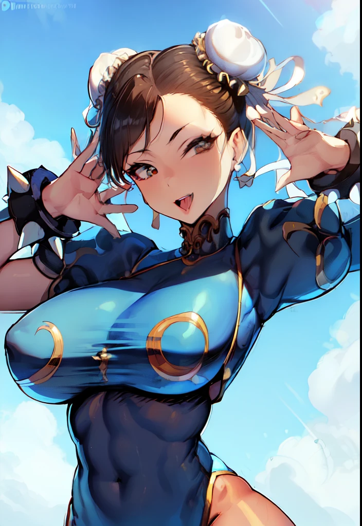 (masterpiece), (best quality), 8k resolution, ultra-detailed, hyper-detailed, realistic, photograph, photorealism, (1girl), Chun Li, Chun Li costume, perfect body, smile, posing for a photo, huge breasts, muscles, thick thighs, thick legs, wide hips, slim waist, hourglass figure, (full body)(topless:1.3)