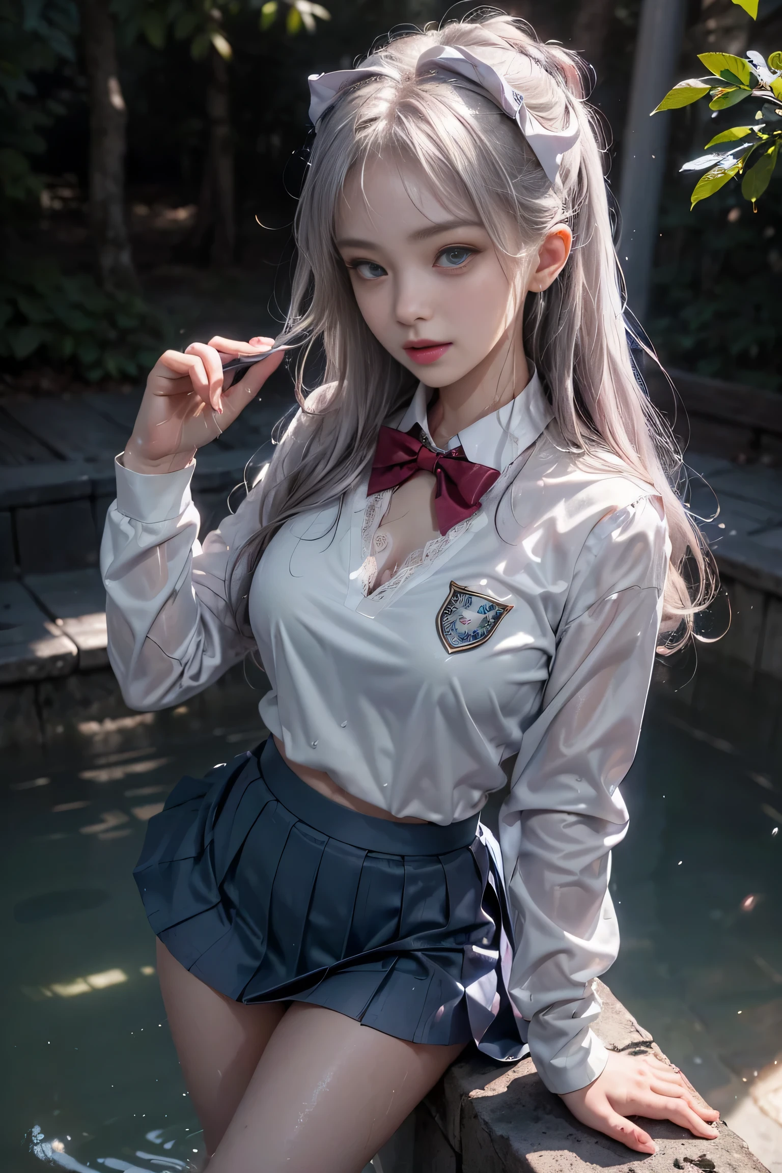 （(girl walking in forest park))、1 girl, silver hair, striped hair, bangs, 鈍いbangs, long hair, pink hair, aqua eye, long eyelashes, purple eyes, compensate, smile, parted lips, realism, verism, surrealism, written boundary depth, one person&#39;point of view, f/1.8, 135mm, canon, Accurate, anatomically correct,  Super detailed, advanced details, high quality, 最high quality, High resolution, 1080P, hard disk, 4K, 8K,(full body shot),((sexy pose))、(camel toe）、sexual excitement、sexual expression、shiny skin。realistic, joy, Portrait of a beautiful girl, (From above:1.3), (最high quality:1.2), Super detailed, advanced details, Mask work shining with beautiful blue eyes、gray hair、silver hair、((beautiful breasts :1.1)), (exposed chest）0p、(girls school uniform)（Wet white blazer、chest emblem）,(translucent white blouse),(Loose red bow tie),(wet navy blue flare、Skirt soars)、mix４, (best shadow: 1.1), shiny skin。realistic、photographrealsitic:1.37)、(K-POP idol)、(wet and disheveled hair)、medium hair、(pink blush)、(one personで)、（sexy pose）、((nipple))、 (slim legs)、erotic, 超realistic, very detailed, (yawning),  ((she is wet)).photograph,(wet lace underwear)