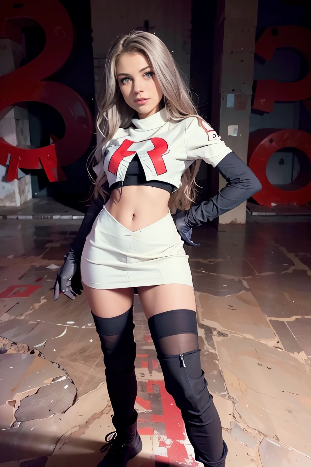 xoaeriel, a woman wearing team rocket,team rocket uniform,white skirt,red letter R,crop top,black thigh-highs,black elbow gloves,