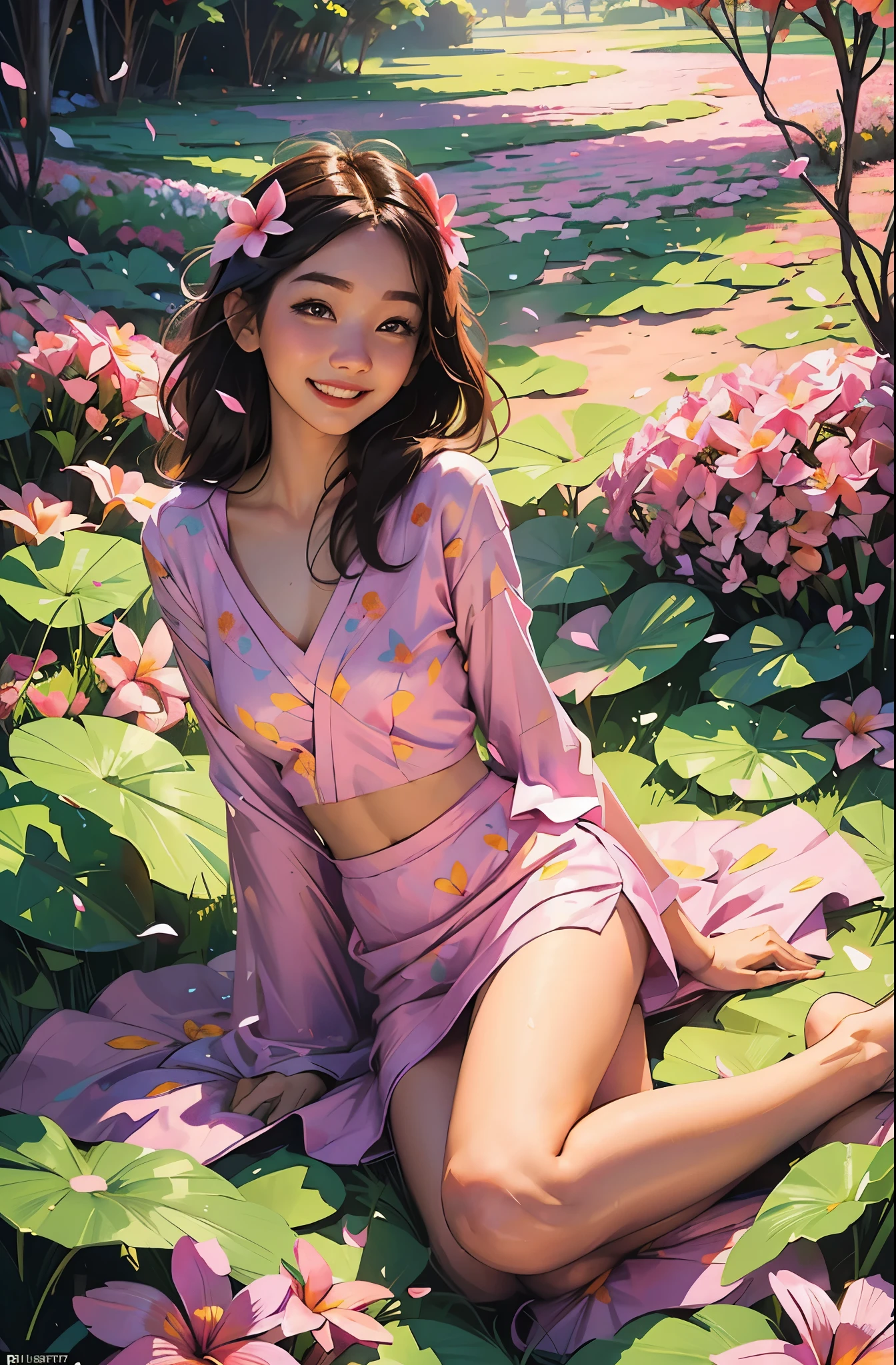 full body photo ,Masterpiece: 1.2, best quality, 1girl, field of plumeria, vibrant, (happy:1.4),colorful details,ultra detailed,detailed lighting,\(\(inspired by Hayao Miyazaki\)\),official art, pink flowers, laying on flowers, big smile