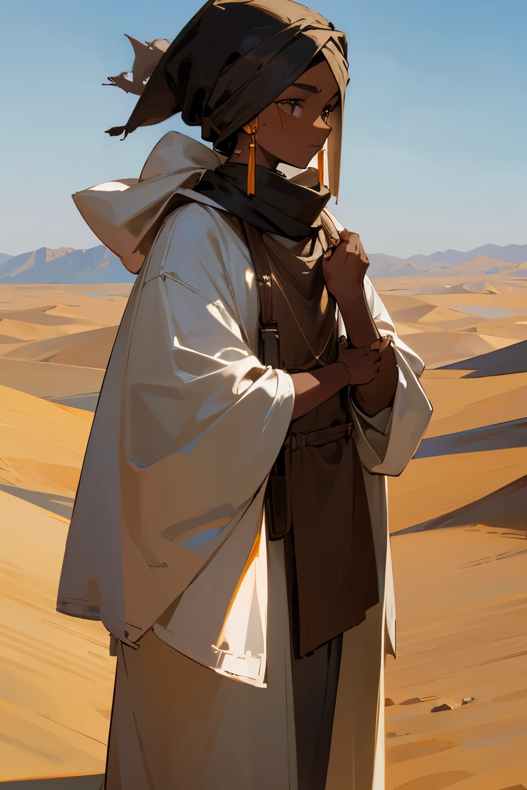 desert, turban, white cloak, brown big bag, dark skin,