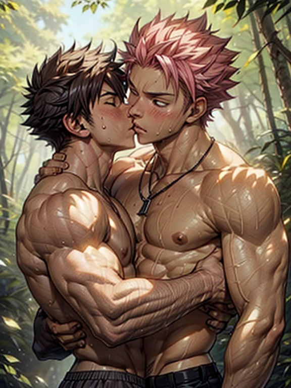 ((2boys, 2 men, duo)) ,gay couple,Natsu Dragneel and Gray Fullbuster kissing, ((upper body)), passionate blushing, forest background, muscular body with washboard abs and pecs with pink nipples, sweating bodies and rugged rms and legs, holding waist embracing, arms embracing, necklace, ((good hands:1.2, good arms:1.2, distinct arms:1.2)), sexual kiss, deep love sexual gay intense