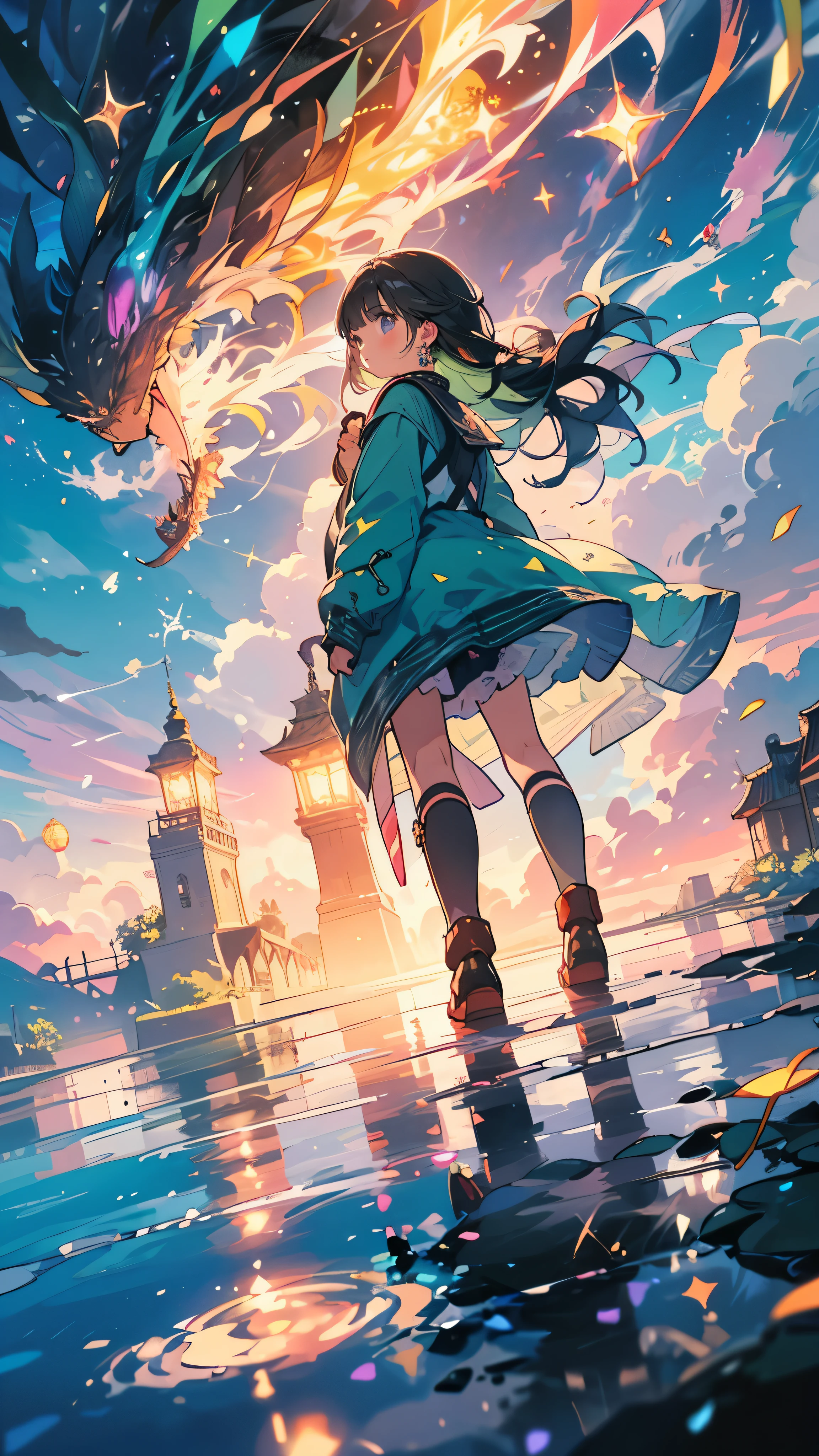 wide angle,angle from below,1 girl, brown skin,very short bangs,beautiful and detailed eyes, delicate makeup,Sparkling glitter,long green hair, black eye,(colorful),oversized down jacket,Glossy skin,high contrast, ((pieces fly, highest quality))Walk in the shallows of a calm sea,Wishing for world peace,(View from below and sky and sea views),(Flowing clouds: 0.9), dragon coming out of the clouds,distant mountain, Tree BREAK production art, (warm light source: 1.2),intricate details,Super detailed, (moving composition: 1.4), 非常に詳細でcolorfulなディテール, (Rainbow-colored: 1.2), (shining lighting, atmosphere lighting), dream-like, Emerald green necklace and earrings,Sparkling glitter,brown skin,