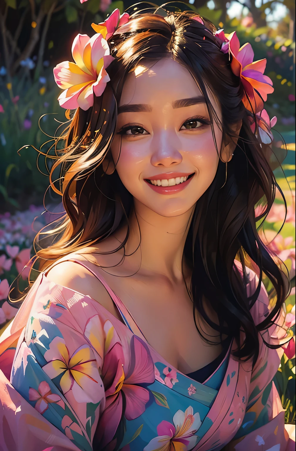 portrait, Masterpiece: 1.2, best quality, 1girl, field of plumeria, vibrant, (happy:1.4),colorful details,ultra detailed,detailed lighting,\(\(inspired by Hayao Miyazaki\)\),official art, pink flowers, laying on flowers, big smile