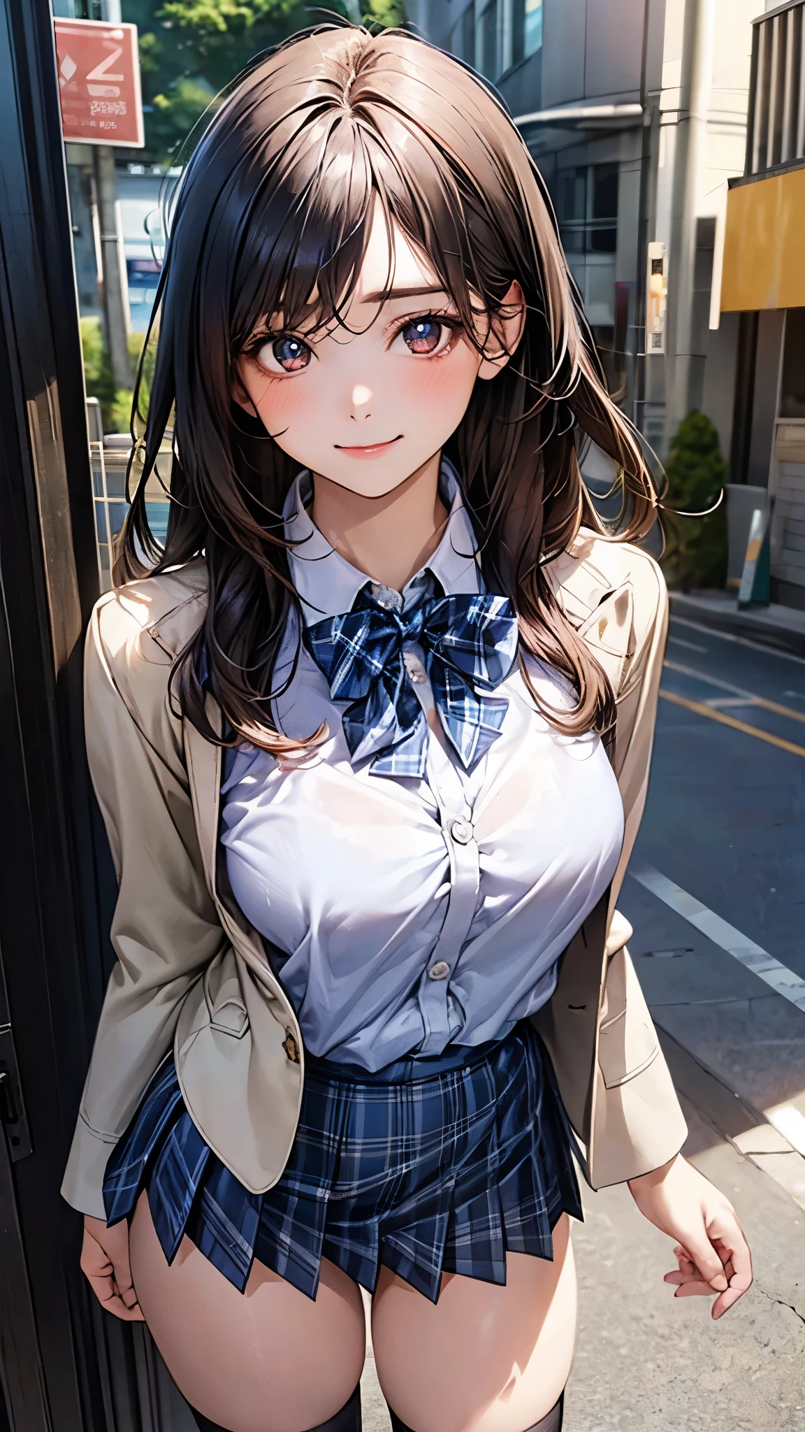 (masterpiece:1.2, top-quality), (realistic, photorealistic:1.4), beautiful illustration, (natural side lighting, movie lighting), nsfw,
looking at viewer, cowboy shot, front view:0.6, 1 girl, japanese, high school girl, perfect face, cute and symmetrical face, shiny skin,
(long hair:1.5, side ponytail:1.4, brown hair), bangs pinned back, red eyes, long eye lasher, (large breasts:0.6, thick thighs),
beautiful hair, beautiful face, beautiful detailed eyes, beautiful clavicle, beautiful body, beautiful chest, beautiful thigh, beautiful legs, beautiful fingers,
(((dark grey jacket), light grey collared shirts, dark grey pleated mini skirt, black socks, grey plaid bow tie)),
(beautiful scenery), school, (squatting, lift up skirt, grab the hem of the skirt, hands on chest, hand between legs), (lovely smile, upper eyes),