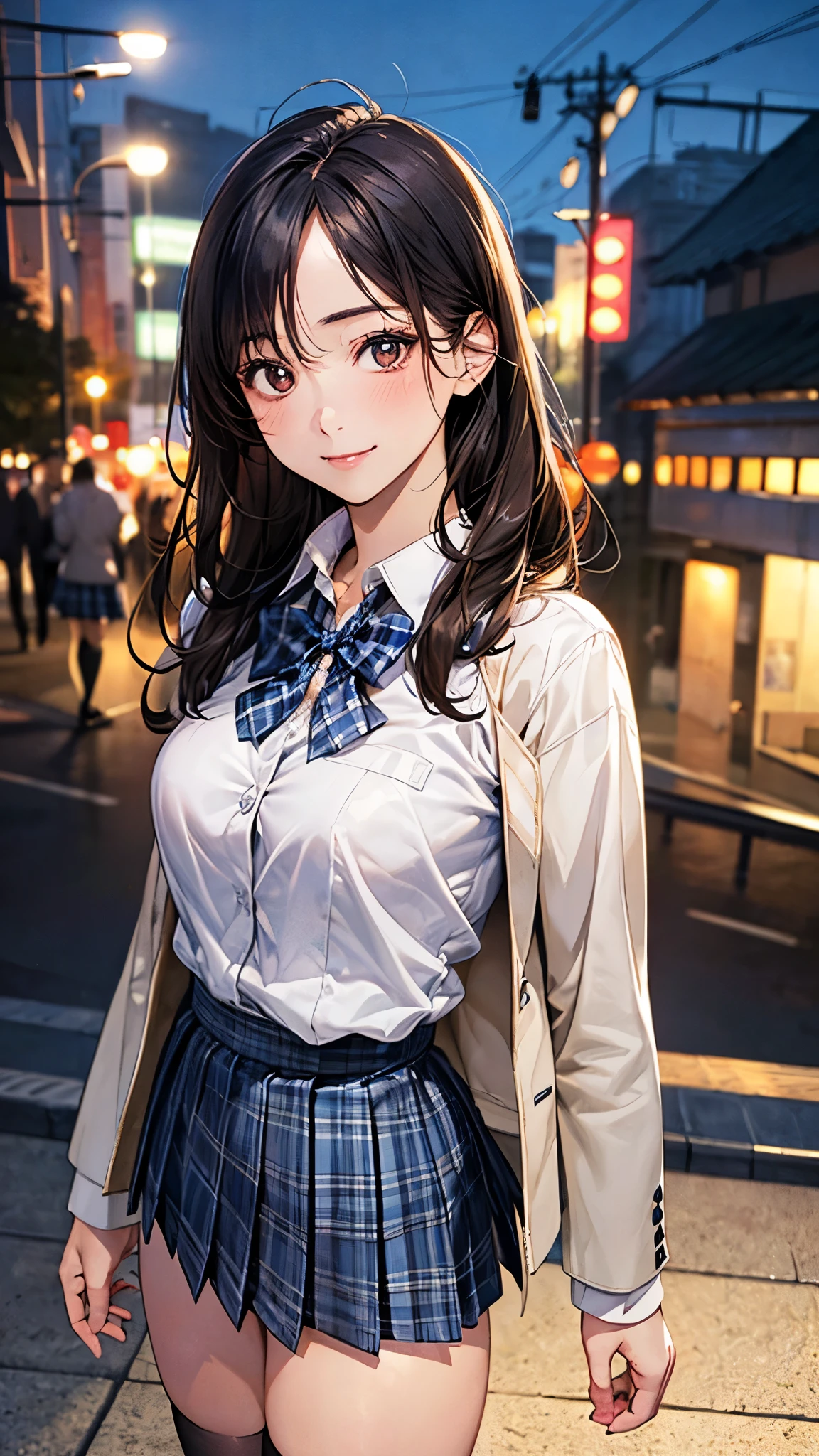 (masterpiece:1.3, top-quality), ultra high res, ultra detailed, (realistic, photorealistic:1.4), beautiful illustration, perfect lighting, colorful, depth of fields,
looking at viewer, (face focus, upper body), 1 girl, solo, hight school girl, gravure model, (large breasts:0.8, large ass, seductive thighs, skindentation),
(long hair:1.2, straight hair:1.2, (saddle-brown colored) hair), asymmetrical bangs, (brown) eyes, drooping eyes, big eyes, shiny skin, slender,
beautiful hair, beautiful face, extremely detailed face, beautiful detailed eyes, beautiful clavicle, beautiful body, beautiful chest, beautiful thigh, beautiful legs, beautiful fingers,
(detailed cloth texture, grey plaid tie, (navy knit vest), collared long sleeve white shirt, grey plaid pleated skirt), black socks, white panties, black school bag,
(beautiful scenery), morning, (downtown), walking, (lovely-smile),