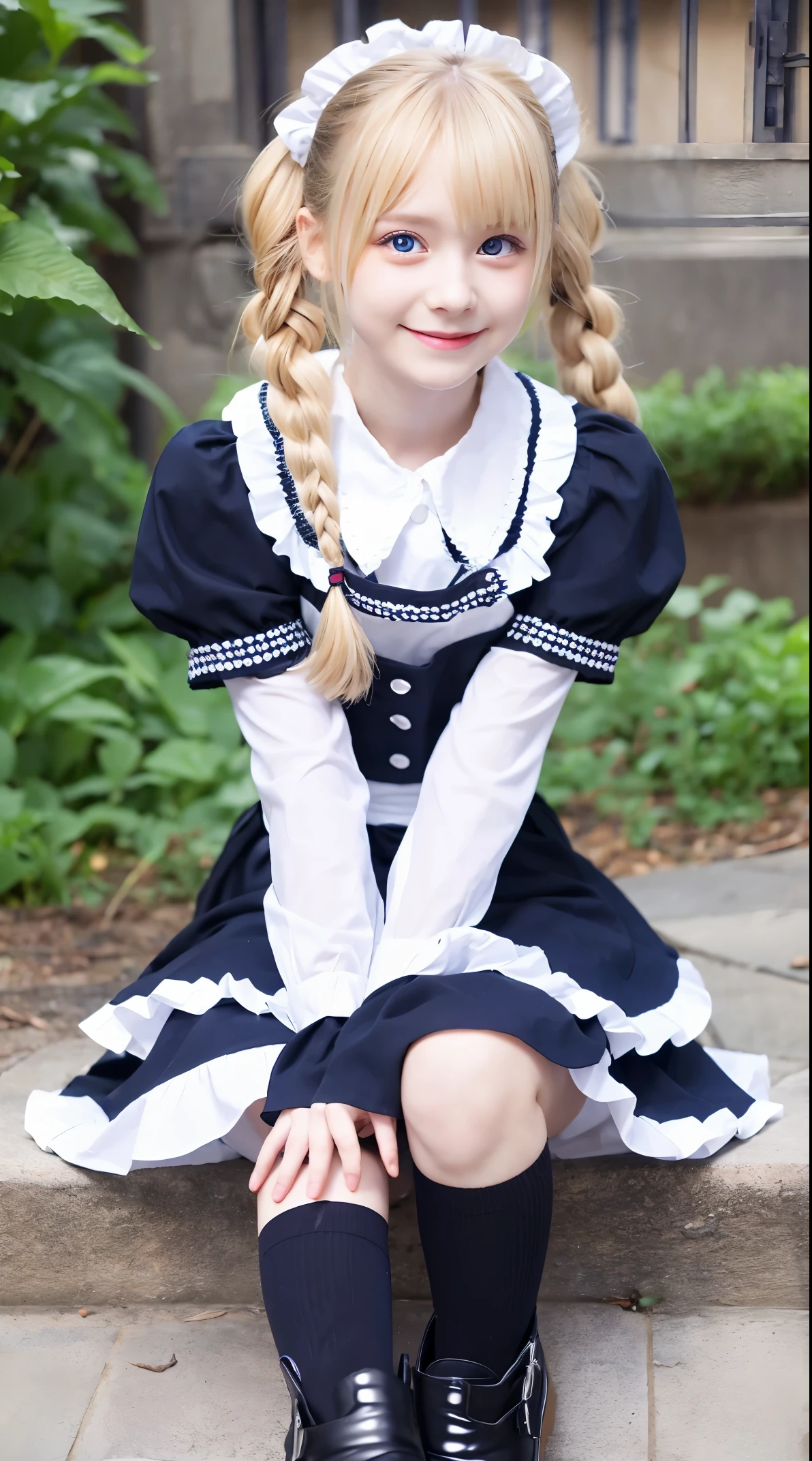 、cute、maid服、maid、cute、white skin、knee high、blonde、long hair、twin tails、sitting、cute、blue eyes、black shoes、病みcute、Mine series、dark look、smile、Angel Department、