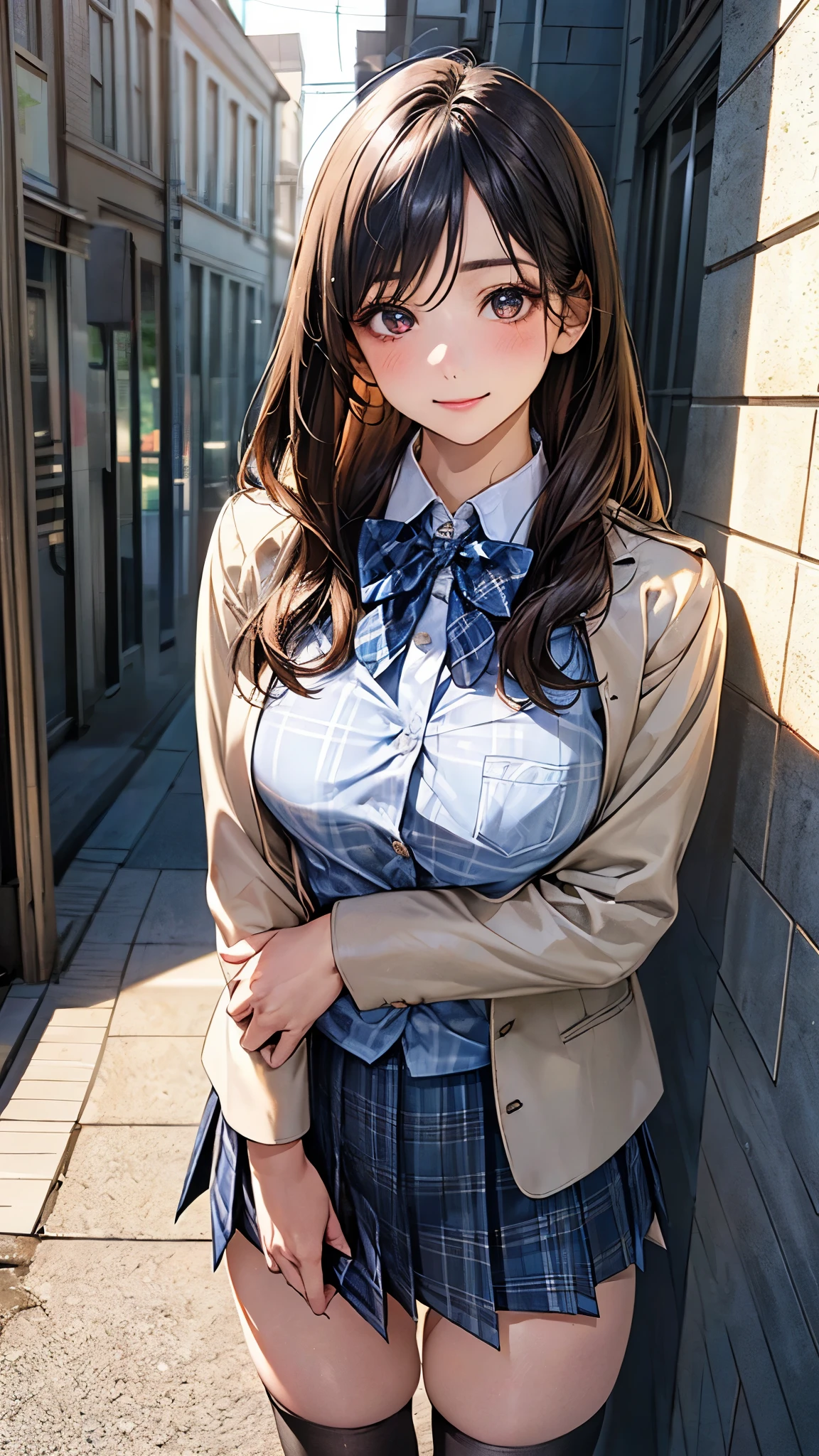 (masterpiece:1.2, top-quality), (realistic, photorealistic:1.4), beautiful illustration, (natural side lighting, movie lighting), nsfw, 
looking at viewer, cowboy shot, front view:0.6, 1 girl, japanese, high school girl, perfect face, cute and symmetrical face, shiny skin, 
(long hair:1.8, straight hair:1.7, black hair), parted bangs, gold eyes, long eye lasher, (large breasts:0.8, thick thighs), 
beautiful hair, beautiful face, beautiful detailed eyes, beautiful clavicle, beautiful body, beautiful chest, beautiful thigh, beautiful legs, beautiful fingers, 
((white collared shirts, navy jacket, navy pleated mini skirt, black socks, brown loafers, blue plaid bow tie)), pink panties, 
(beautiful scenery), evening, riverside, standing, (lovely smile, upper eyes), 