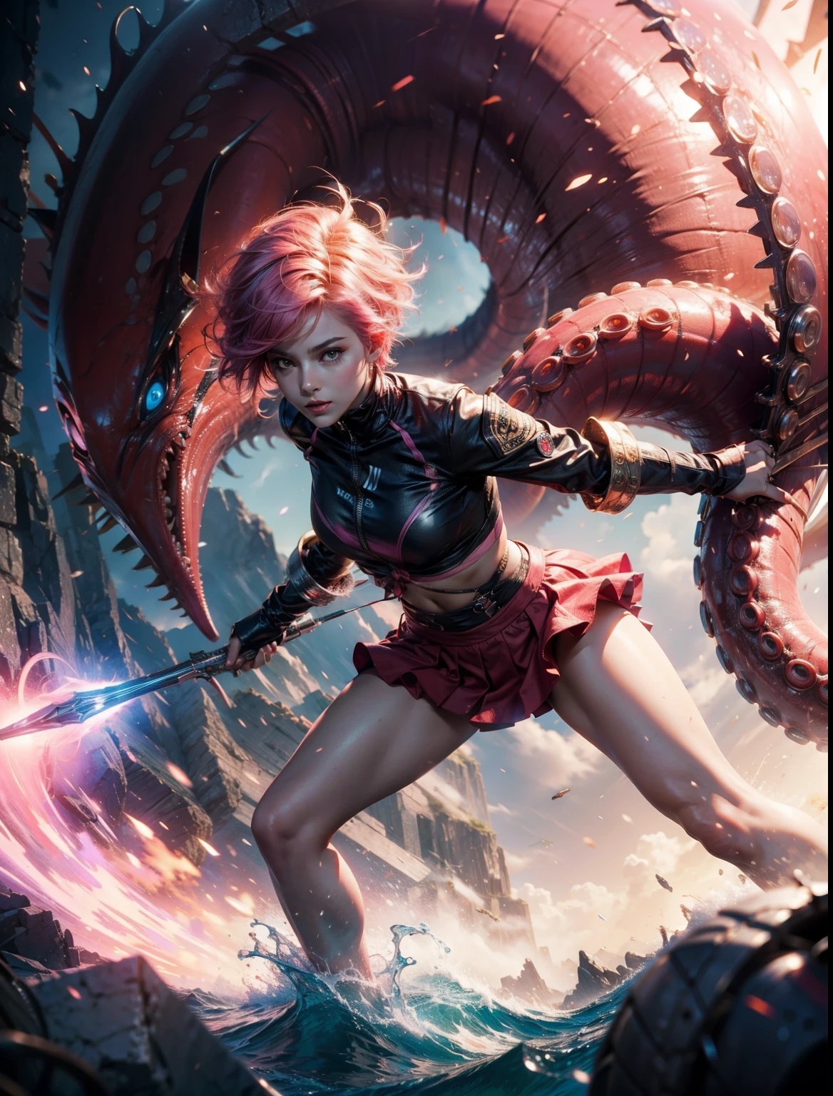 Masterpiece, hyper realistic, perfect and realistic skin, beautiful girl with short pink hair and short skirt being attacked by tentacles, cinematic illumination 8k, sharp focus