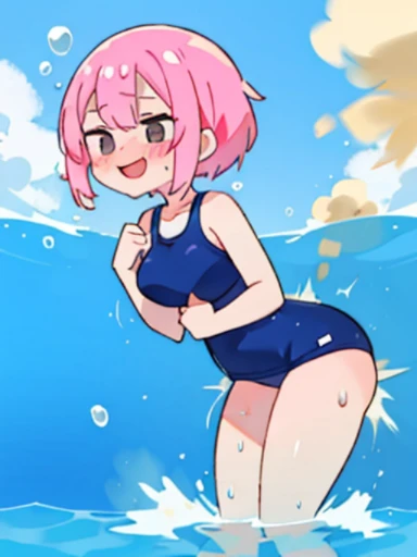1 girl、pink hair big breasts、pool、school swimwear、women stink、fart、shyness、blush、Satisfied smile、Gas comes out of the butt、put pressure on your face、lots of gas、Feeling like diarrhea、soak up to your shoulders in water、Swimsuit for 、water gets dirty、Sweat、Active、My body trembles、Hip Attack、dynamism、bubbles come out of water
