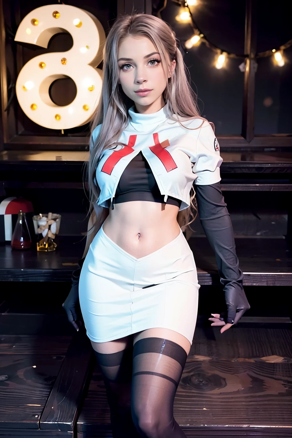 xoaeriel, a woman wearing team rocket,team rocket uniform,white skirt,red letter R,crop top,black thigh-highs,black elbow gloves,