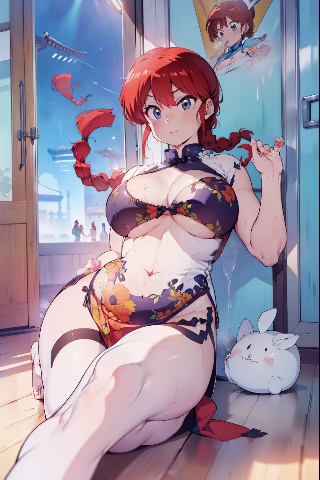 (Masterpiece:1.2, 8k, RAW photo, High Quality, High-Detailed, Detailed CG, Cinematic Lighting, Photorealistic Lighting, Beautiful Detailed Eyes, Ultra Resolution), (Erotic Suggestiveness:1.0), (China Dress:1.5), (Erotic Dress:1.0), (Exposed Breast:1.0), (Anime Style:1.3), (Anime Female:1.0), Large Breast, Feet, NSFW, Five Finger, Red Hair, (Ponytail Hair Style), (ポニーテール), (Braided-Ponytail), (編組のポニーテール), Detailed Hair, Blue Eye, On Floor, Drenched in Sweat, Wet Body, Thigh, Black-Pantyhose, Pantyhose, Embarrassing Face, Chinese Martial-art Room