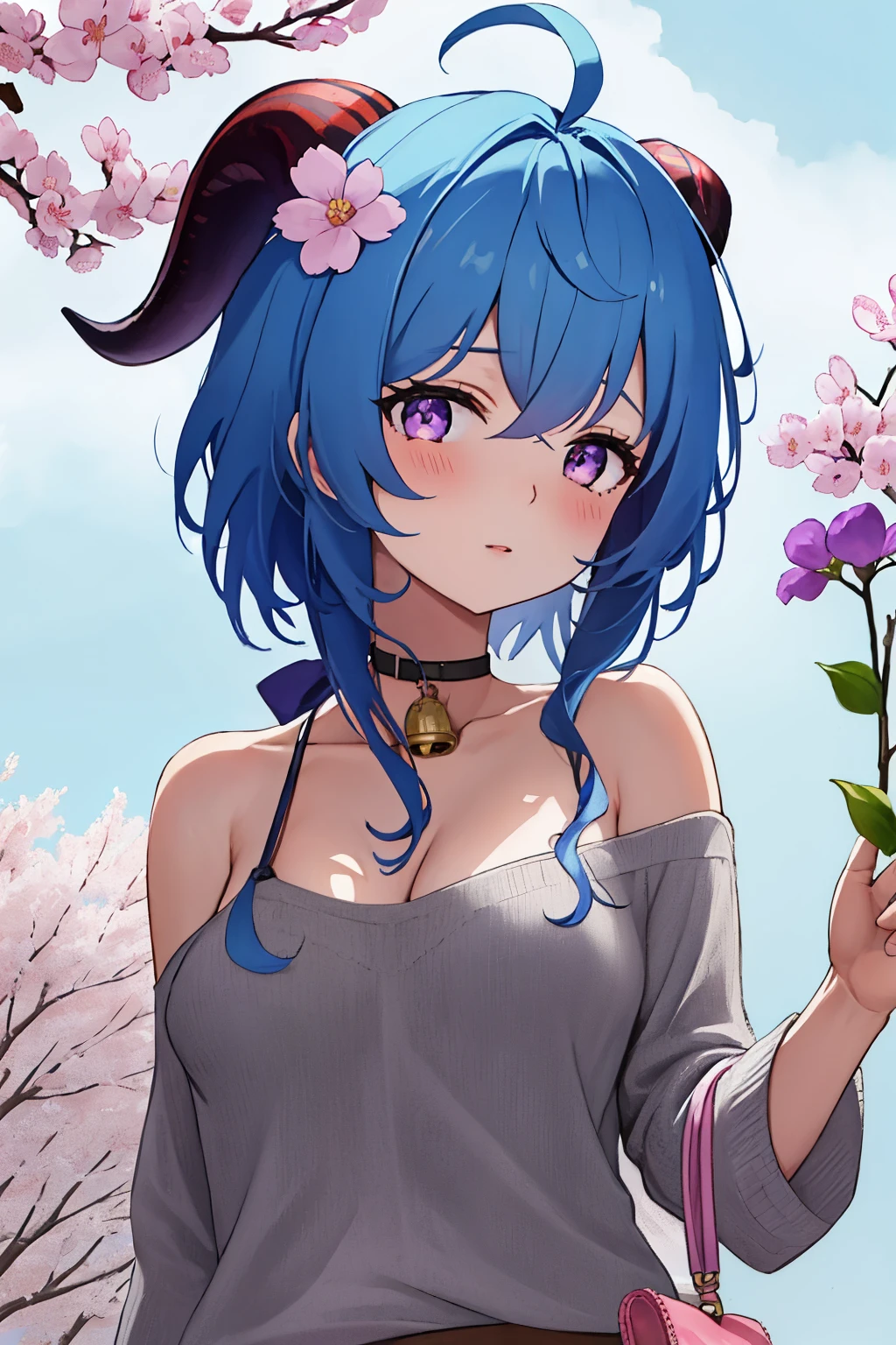 blue_hair, long_hair, bangs, horns, purple_eyes, ahoge, breasts, blush, goat_horns, sidelocks, bell, upper_body, medium_breasts, large_breasts, neck_bell,1girl,solo,short hair, off shoulder, collar bone, look at viewer, perfect fingers, armpit peek, Beautiful flowers bloom, (sparkles), (There is a blooming sakura)，standing under a tree, (head looking up), Look at the tree, Natural soft light, macaron, Still ethereal, Crisp and smooth lines, radiant morning light, soft luminescent glow, casual clothes