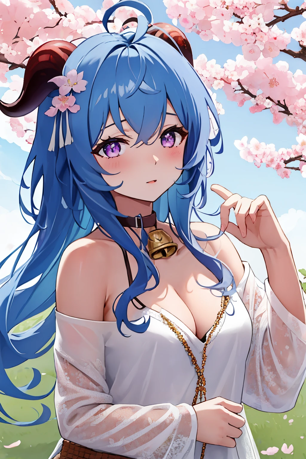 blue_hair, long_hair, bangs, horns, purple_eyes, ahoge, breasts, blush, goat_horns, sidelocks, bell, upper_body, medium_breasts, large_breasts, neck_bell,1girl,solo,short hair, off shoulder, collar bone, look at viewer, perfect fingers, armpit peek, Beautiful flowers bloom, (sparkles), (There is a blooming sakura)，standing under a tree, (head looking up), Look at the tree, Natural soft light, macaron, Still ethereal, Crisp and smooth lines, radiant morning light, soft luminescent glow, casual clothes