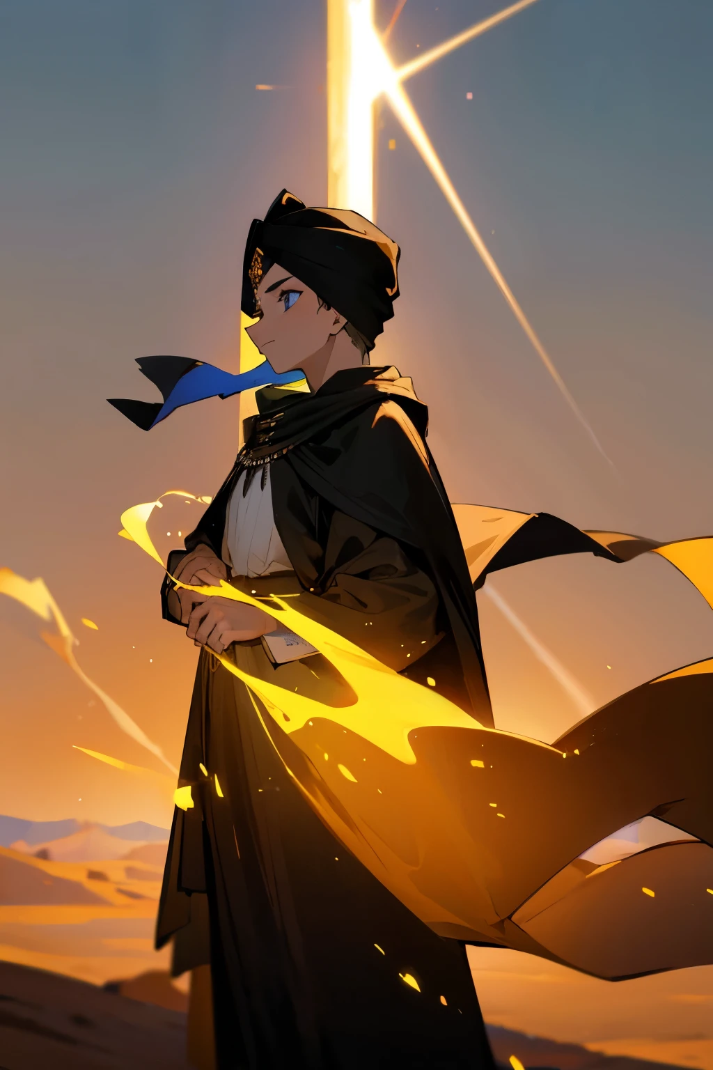 royal, turban, black cloak, glowing aura, desert background,