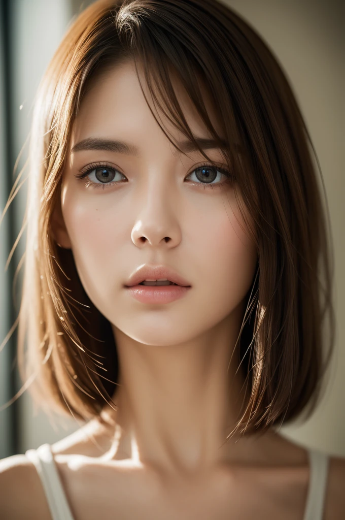 portrait photo 20 y.o. woman (extremely high detailed face, detailed realistic eyes, clear skin, clear eyes), High detail RAW color art, piercing, curly brown hair, detailed hair, room light, (skin pores: 1.0), highly detailed skin, beautiful and delicate lips, detailed pupil, real human skin, (Extremely inricate detailed), looking at viewer, photography, realistic, photo-realistic, 16k, highly detailed, full length frame, diffused soft lighting, shallow depth of field, sharp focus, hyperrealism, cinematic lighting