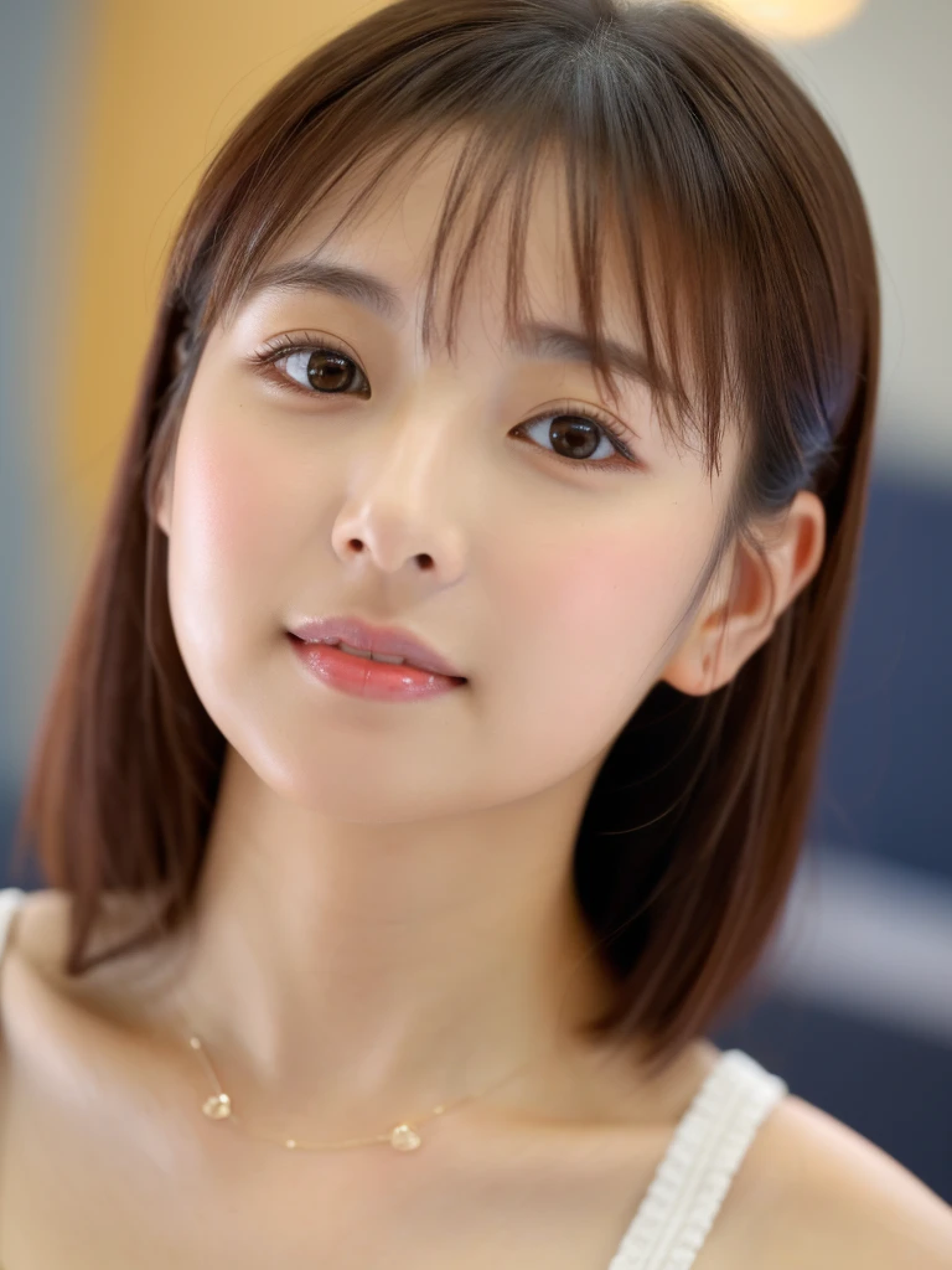 ((cute日本の女の子、beautiful japanese girl、1 girl、clear、19 years old、ponytail、Highly detailed face and skin texture、refinement、super detailed face、highly detailed eyes、Lee Hong、blush、cheek、ピンクのcheekを塗ったcheek、close-up of woman、 from the neck up、 Close to the camera、 positive face、Forward-facing body、look at the camera、front、cute、smooth white skin、Transparent skin texture、))、(dark brown hair、bangs)、beautiful woman with perfect style：1.4、japanese model、young gravure idol、若いcuteグラビアアイドル、Realistic young gravure idol、refinementされたグラビアアイドル、((highest quality、8K、masterpiece:1.3、１photograph))、(4K、RAWphotograph、highest quality)、(realistic、フォトrealistic:1.37)、Place someone on the other side of the screen、Natural light、professional lighting、F cup、big breasts、big breasts、Beautiful and well-shaped breasts、