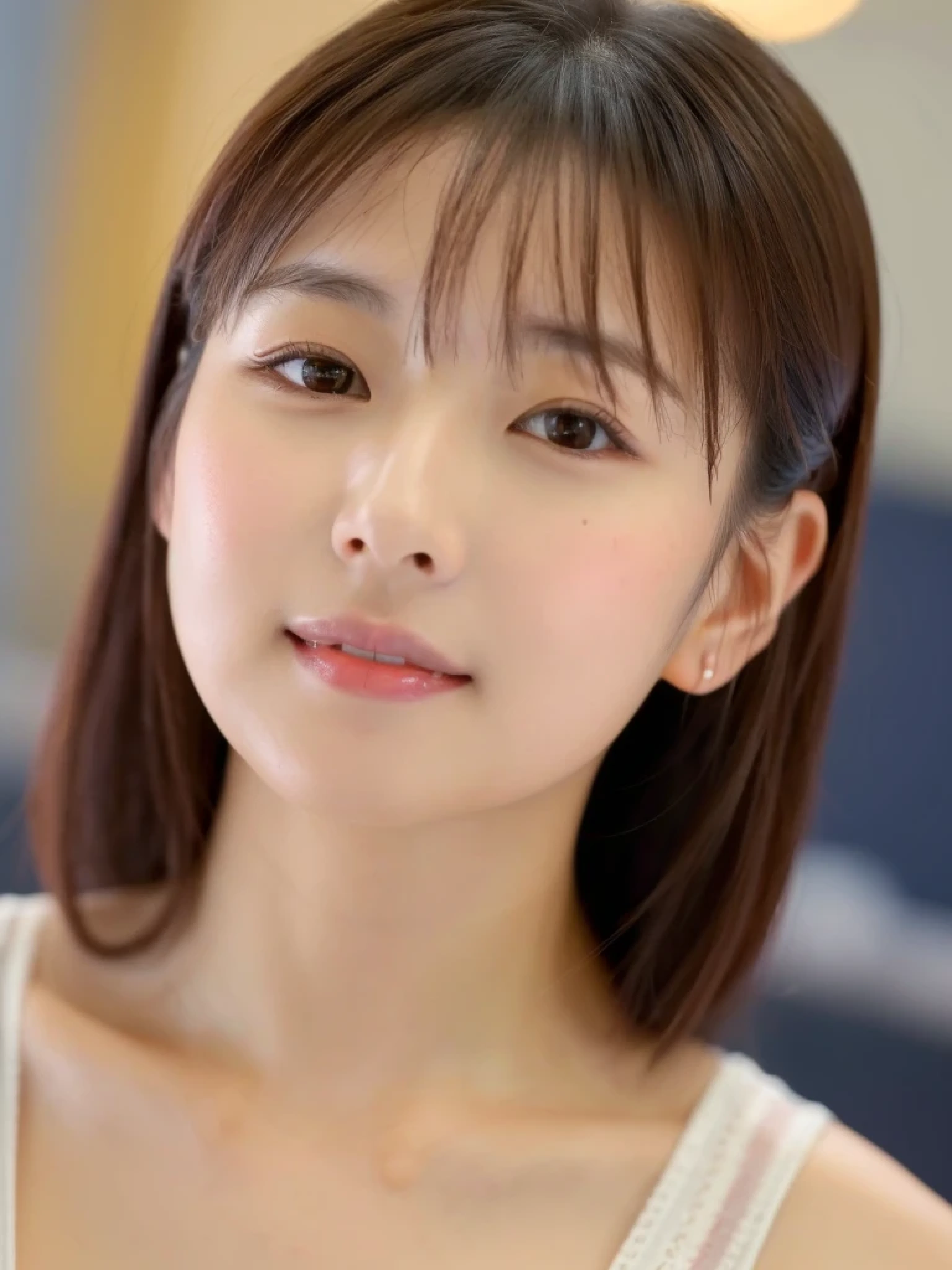 ((cute日本の女の子、beautiful japanese girl、1 girl、clear、19 years old、ponytail、Highly detailed face and skin texture、refinement、super detailed face、highly detailed eyes、Lee Hong、blush、cheek、ピンクのcheekを塗ったcheek、close-up of woman、 from the neck up、 Close to the camera、 positive face、Forward-facing body、look at the camera、front、cute、smooth white skin、Transparent skin texture、))、(dark brown hair、bangs)、beautiful woman with perfect style：1.4、japanese model、young gravure idol、若いcuteグラビアアイドル、Realistic young gravure idol、refinementされたグラビアアイドル、((highest quality、8K、masterpiece:1.3、１photograph))、(4K、RAWphotograph、highest quality)、(realistic、フォトrealistic:1.37)、Place someone on the other side of the screen、Natural light、professional lighting、F cup、big breasts、big breasts、Beautiful and well-shaped breasts、