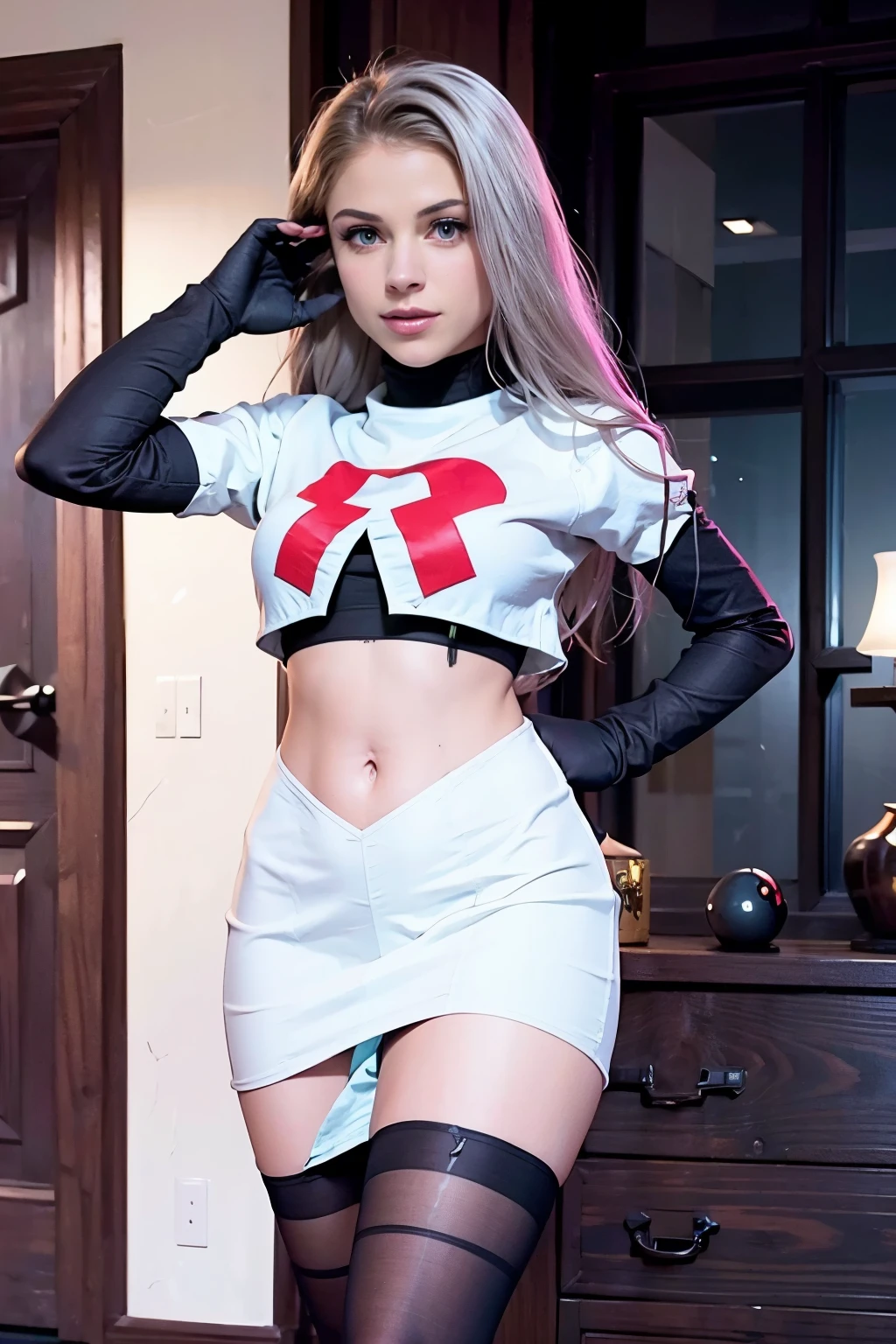 xoaeriel, a woman wearing team rocket,team rocket uniform,white skirt,red letter R,crop top,black thigh-highs,black elbow gloves,