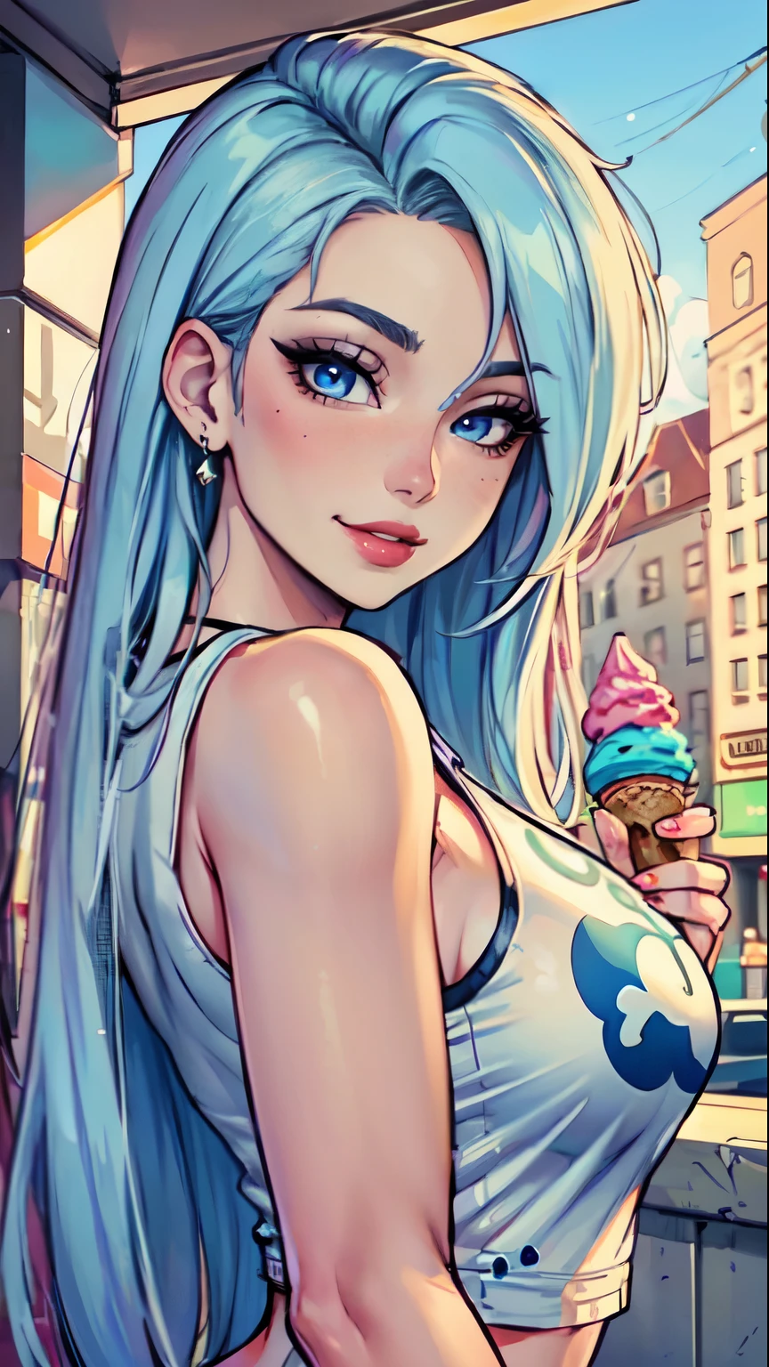 Masterpiece, raw,  beautiful art, professional artist, 8k, art style by sciamano240, very detailed face, very detailed hair, 1girl, 25 years old, perfectly drawn body, beautiful face, long hair, light blue hair , very detailed blue eyes, pouty lips , rosey cheeks, intricate details in eyes, playful smile, looking directly at viewer , in love with viewer expression, wedding ring , lipstick, summer downtown setting, very close up on face, wearing cute summer clothes, wearing a guess tank top, holding an ice cream cone,