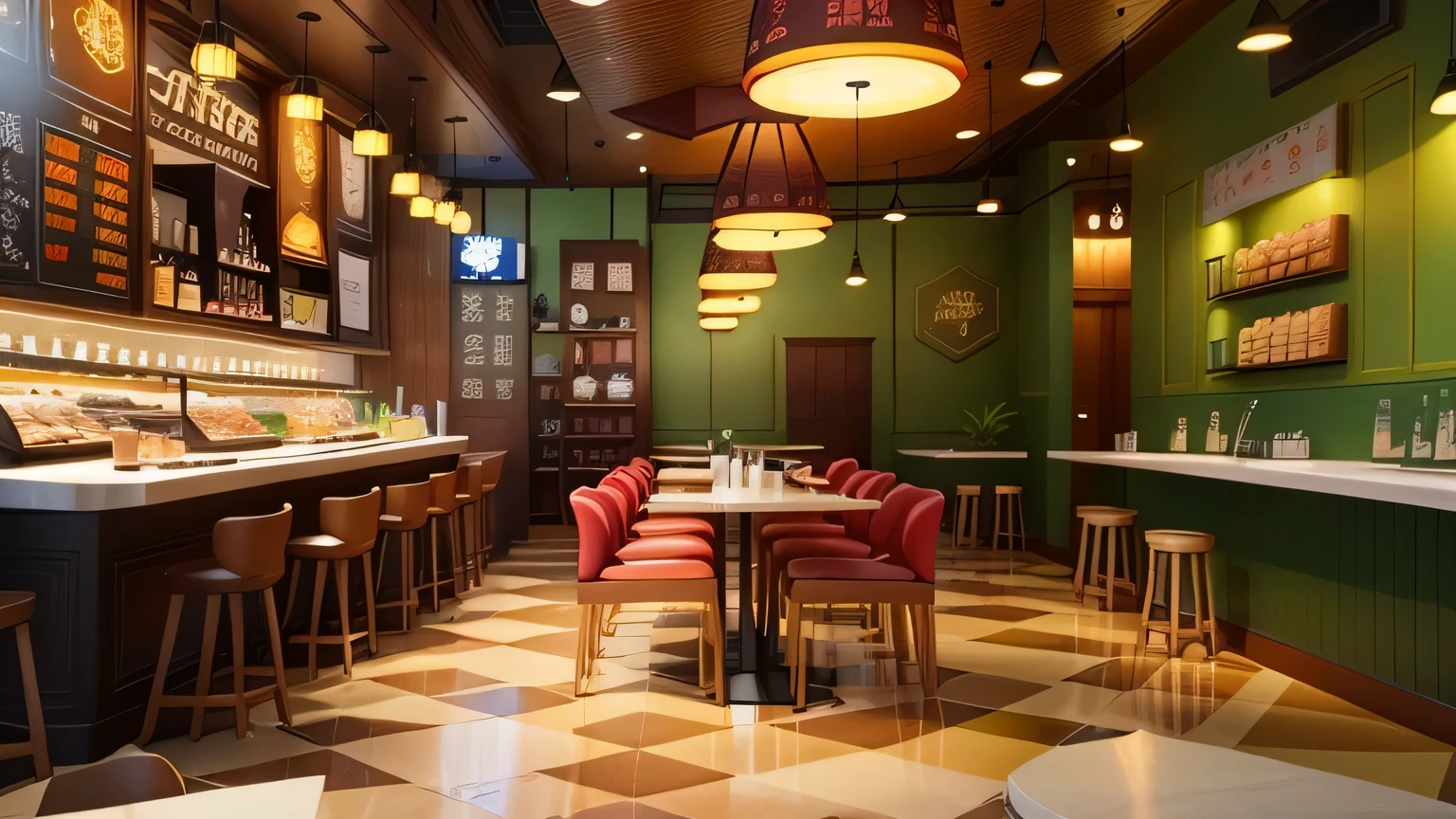 Old Shanghai，Tea restaurant，There is a restaurant，Checkered floors and green walls, Fantasy bakery interior setting, cafes内部, French fries pattern atmosphere, regal fast food joint, CG rendering, Starbucks interior illustration, Square water channel with tile roof, 2 d CG, f 2. 0, cafes, 舒适的cafes背景, The interior is very detailed, restaurant interior photography, 微型cafes立体模型