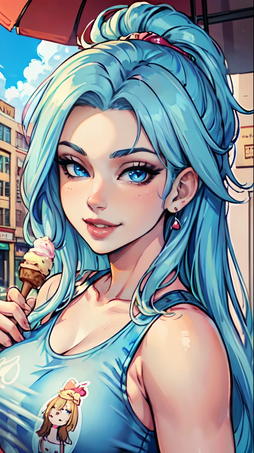 (score_9, score_8_up, score_7_up), lum, solo, long hair, bangs, blue hair, blue eyes, aqua hair, tiny horns, eyeshadow, large breasts, looking at viewer, blush, a person riding a motorcycle, no helmet, leather jacket, hair blowing in the wind, on an overpass, neon city lights, left hand on the handlebar, right hand holding a Chupa Chups lolly, (best quality,4k,8k,highres,masterpiece:1.2),ultra-detailed,detailed face and eyes, highly detailed, cinematic lighting, vibrant colors, dramatic atmosphere, motion blur, depth of field, a girl licking a Chupa Chups lolly, pleasure on her face, bliss, mischievous smirk, intricate detailed facial features, high quality, 8k, beautiful detailed eyes, beautiful detailed lips, extremely detailed face, long eyelashes, vibrant colors, warm lighting, cinematic composition, dreamy atmosphere, fantasy, whimsical, magical realism, close up motorcycle, from side, (full body),