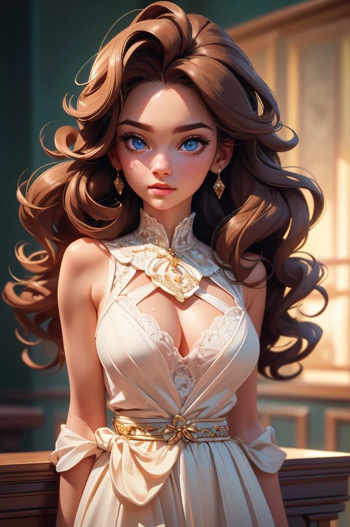 portrait photo 20 y.o. woman (extremely high detailed face, detailed realistic eyes, clear skin, clear eyes), High detail RAW color art, piercing, curly brown hair, detailed hair, room light, (skin pores: 1.0), highly detailed skin, beautiful and delicate lips, detailed pupil, real human skin, (Extremely inricate detailed), looking at viewer, photography, realistic, photo-realistic, 16k, highly detailed, full length frame, diffused soft lighting, shallow depth of field, sharp focus, hyperrealism, cinematic lighting