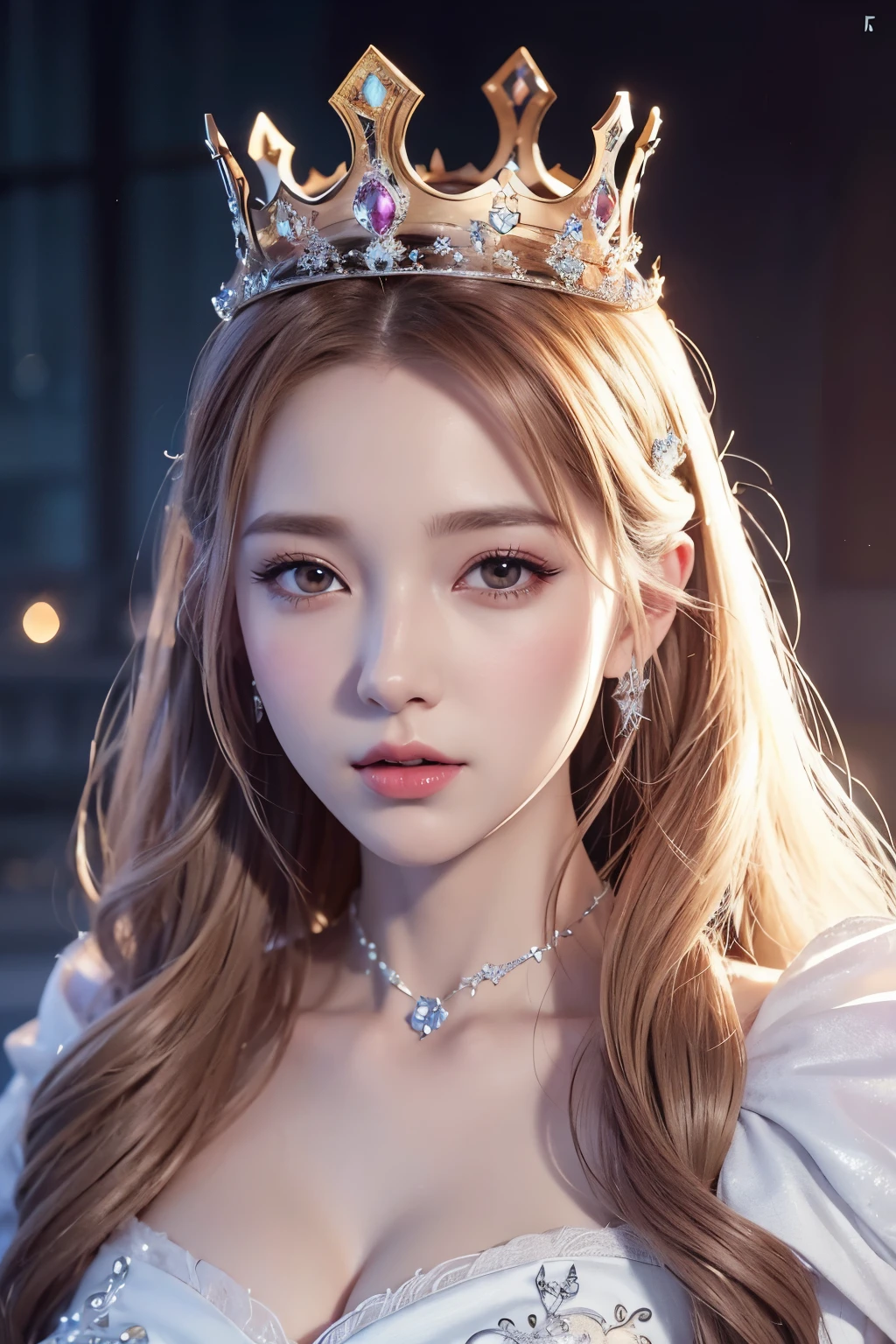 There is a woman in a white dress with a crown on her head, closed mouth, a beautiful fantasy queen, ((beautiful fantasy queen)), princess portrait, 3D style artwork. 5D CGI Anime Fantasy Artwork, 8K high quality detailed art
