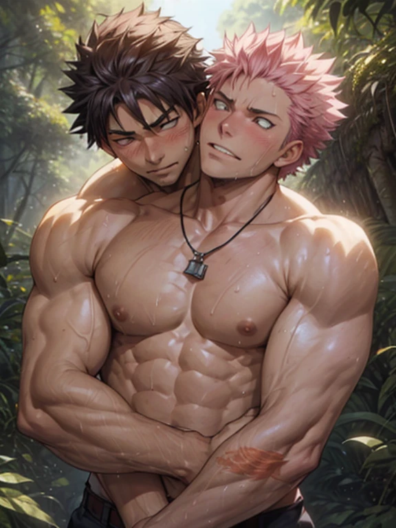 ((2boys, 2 men, duo)) ,gay couple,Natsu Dragneel and Gray Fullbuster kissing, ((upper body)), passionate blushing, forest background, muscular body with washboard abs and pecs with pink nipples, sweating bodies and rugged rms and legs, holding waist embracing, arms embracing, necklace, ((good hands:1.2, good arms:1.2, distinct arms:1.2)), sexual kiss, deep love sexual gay intense