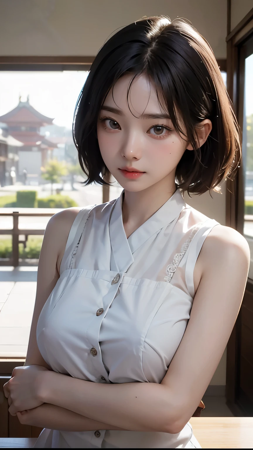 (top-quality,​masterpiece:1.3,超A high resolution,),(ultra-detailliert,Caustics),(Photorealsitic:1.4,RAW shooting,)Ultra-realistic capture,A highly detailed,High resolution 16K human skin close-up。 Skin texture is natural、,The pores are、Must be detailed enough to be easy to identify。 Skin should look healthy with even tones。 Use natural light and color,resturant,Waitress uniform,女の子1人,japanes,18year old,kawaii,A dark-haired,Middle hair,(large boob:1.2),smil,Turn your body to the front,(front-facing view:1.2),Looking at the camera,Bust-up shot:1.1,boob focused:1.1,Chest close-up:1.1