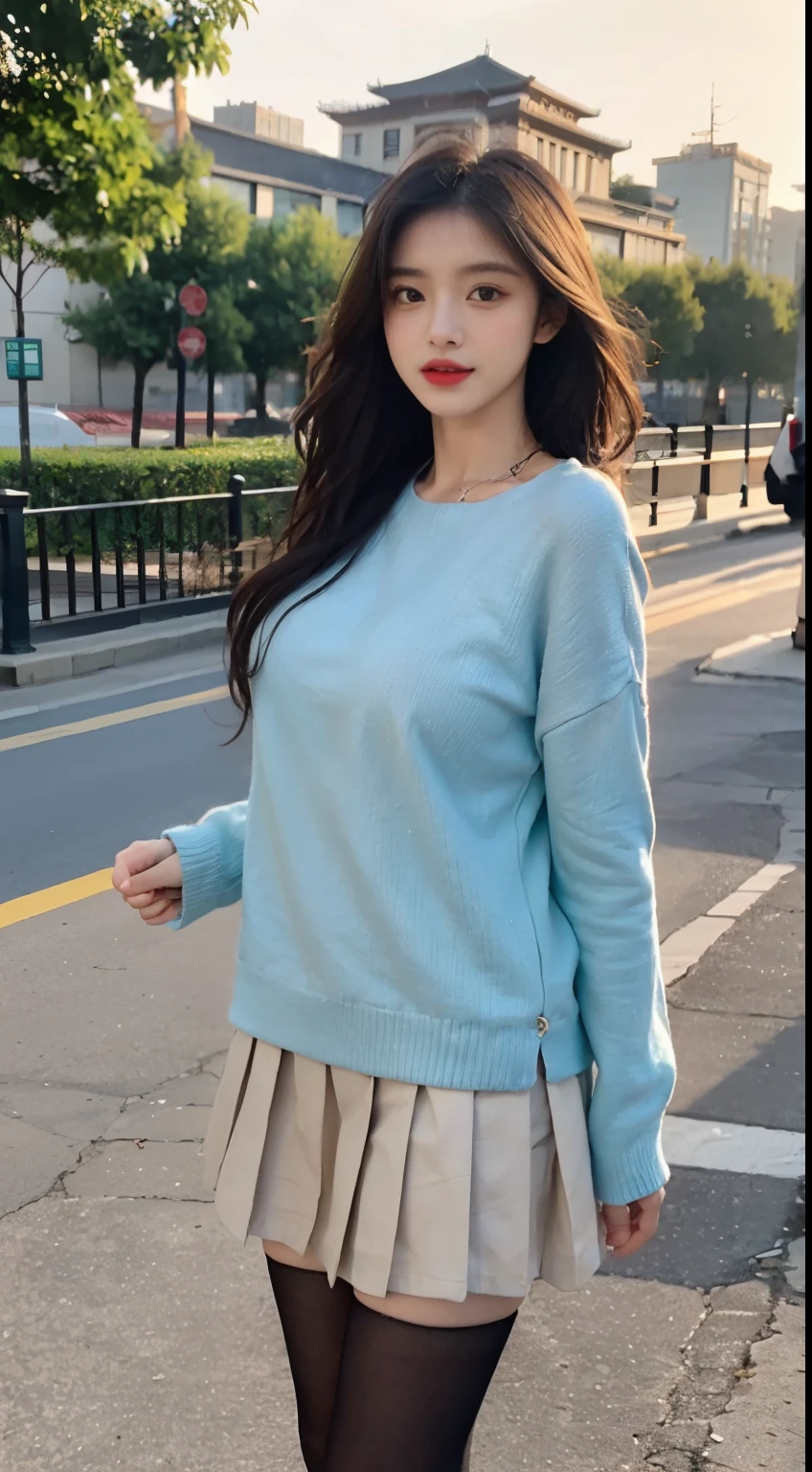 two perfect young female white-collar workers,Chinese big breasts,High picture quality,Works of masters,Black hair,Long hair shawl,Long hair flowing over the shoulders,Beach wave hairstyle,Crewneck T-shirt,shift dresses,exquisite face,Hydrated red lips,((Wear colorful and stylish summer clothing))(red colour,Orange colors,amarelo,cyan colors,blue colors,green color,Violet-orange,In pink,amarelo,Printed clothing),Kurfo,,Colorful pleated skirt,white stockings,over knee socks,Magic starry sky dress,Lace skirt,Puff sleeve skirt,Western-style coat,Tassel elements,Lace paneled elements,Openwork elements,Texture element,Real Human,CG rendering,16k,Stand up,Suzhou Garden,On the bridge,(Arms open:1.5),Do not show your hands,Close-up shot