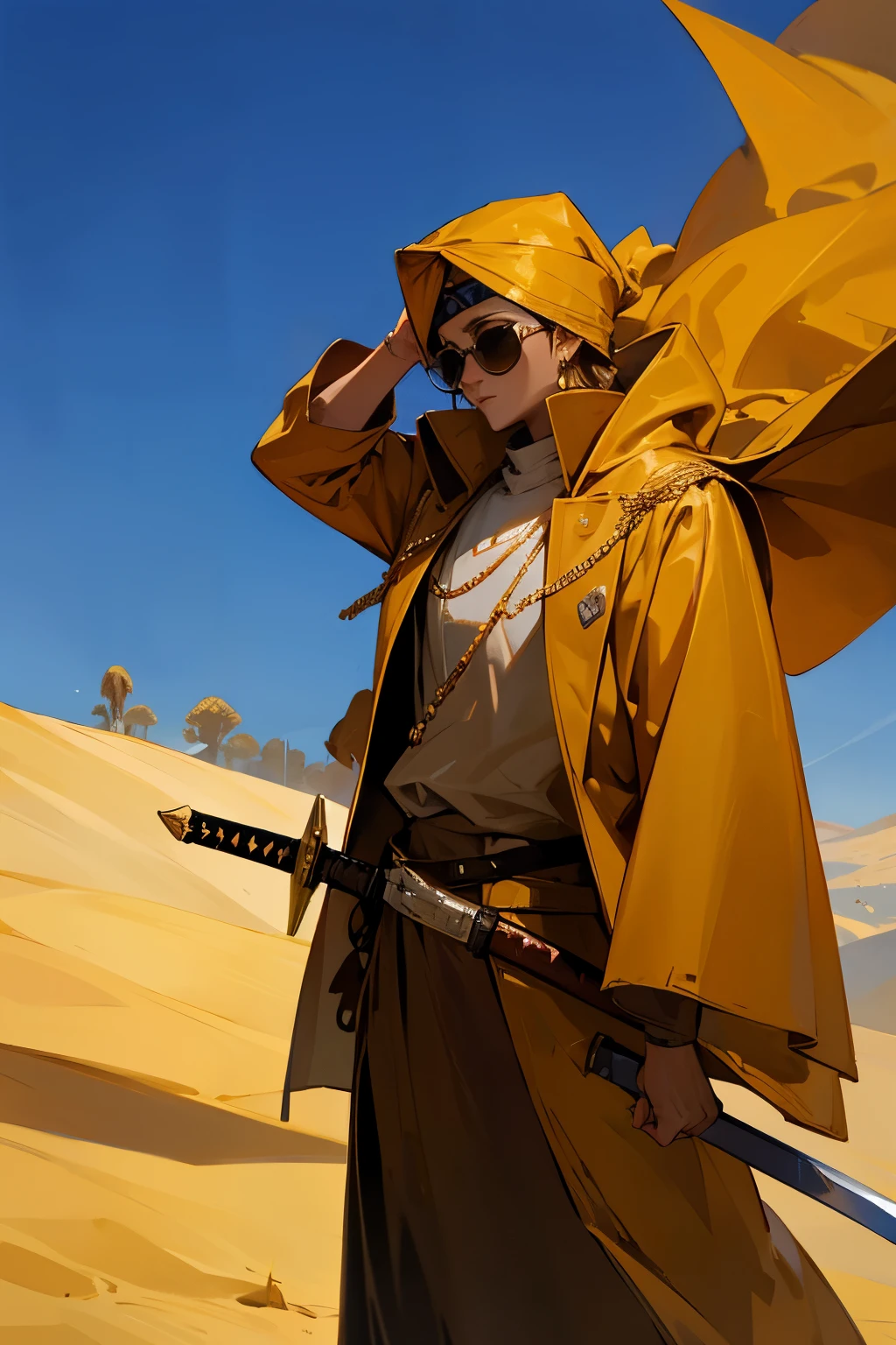 desert, turban, golden cloak, brown big bag, great sword, rich, sunglasses,