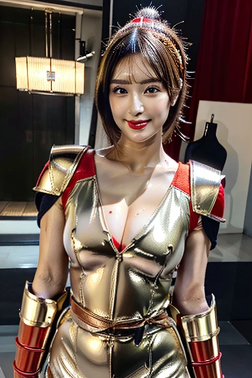 best quality, masterpiece, 16K, (raw photography, extremely detailed, ultra-high resolution, professional photo:1.2), hyper-realistic, professional lighting, (extremely detailed face, ultra-realistic skin texture:1.4), sharp focus, depth of field, (perfect body, correct anatomy:1.5), POV, (from front:1.3), 1 girl, ((professional cosplayer:1.3)), solo, , (cowboy shot:1.1), looking at viewer, very short and black hair, glossy hair, ultra-detailed skin, shiny skin, ultra-detailed eyes, (narrow and dark eyes:1.2), eyeshadow, hyper-realistic nose and lips, glossy lips, pink lipstick, makeup, (baby face:1.1), (slim and round outline of the face:1.4), (expressive face, seductive smile:1.5), ((standing, posing:1.2)), ((shiny and red samurai armor:1.5)), (cleavage:1.2), sleeveless, bare shoulders, (correct body proportion, perfect body proportion:1.5), slender, beautiful breast, crotch, ((high-leg armor:1.2)), ((thigh-high boots, metallic boots:1.3)), comic con, indoor, pavilion