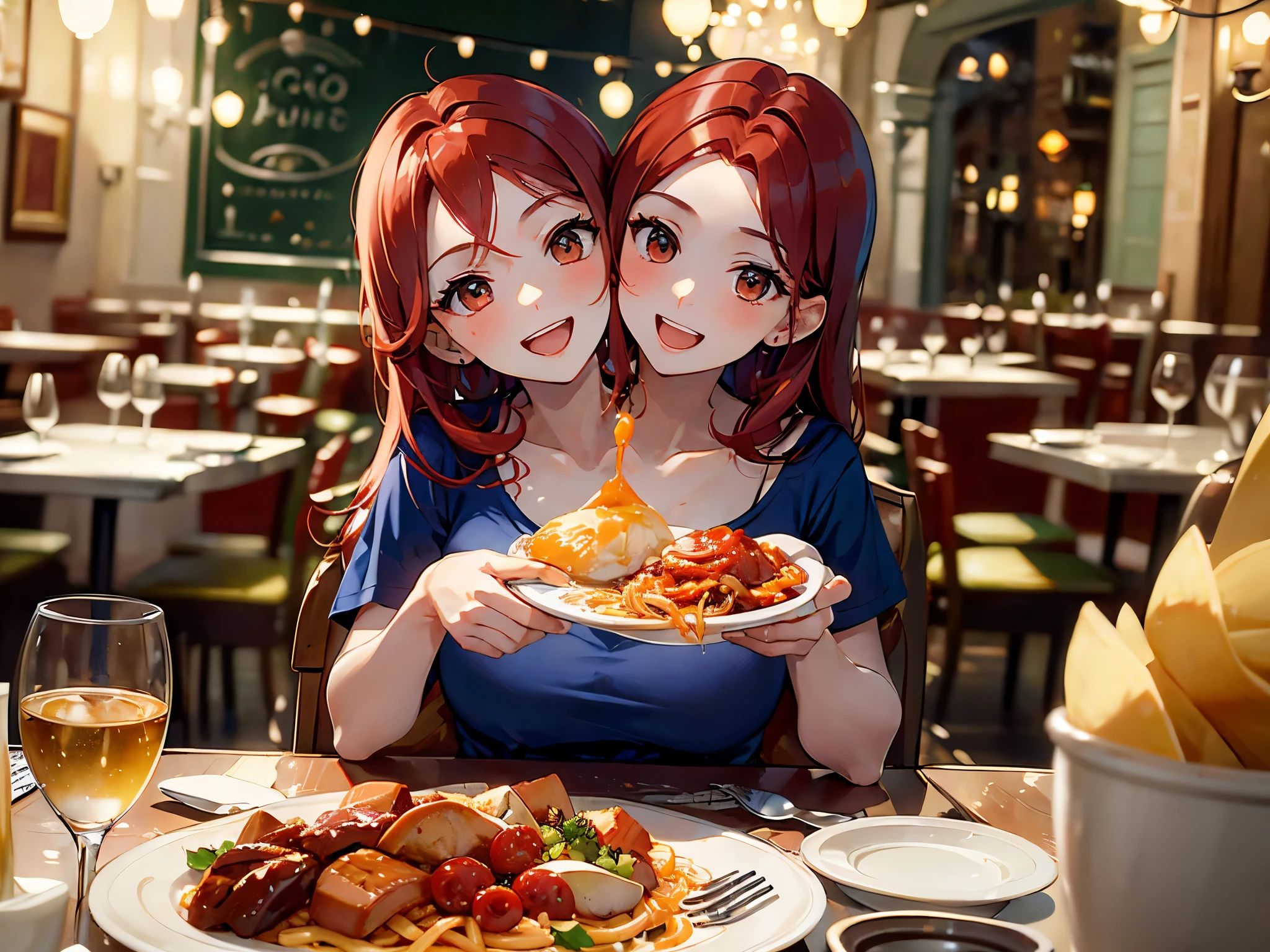 (masterpiece, best quality), best resolution, (2heads:1.5), 1girl, red hair, brown eyes, happy, open mouth, eating pasta, holding a fork in each hand, blue t-shirt, sitting at a table, italian restaurant, close-up
