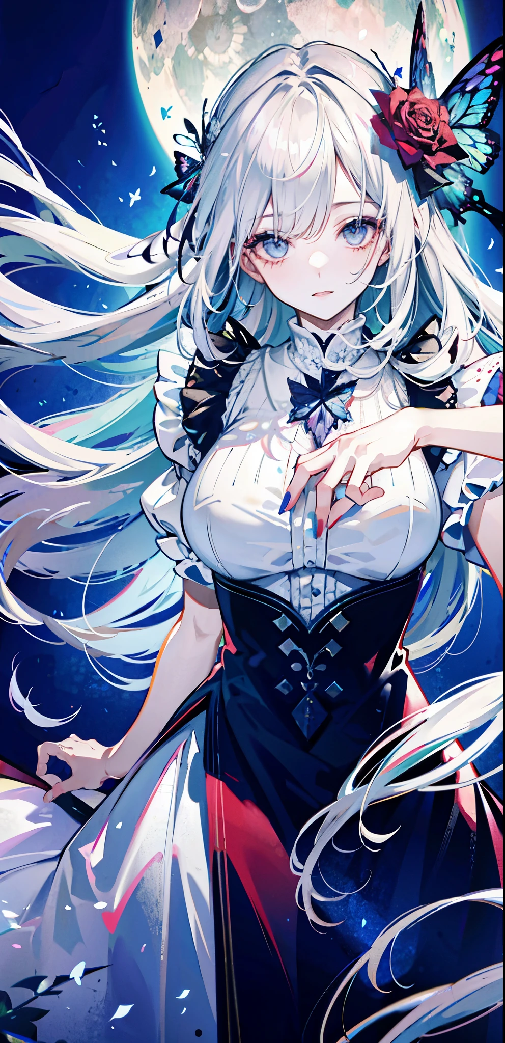 silver hair,Butterfly,long gray hair,8k wallpaper,Detailed background,Highest resolution,Deep V big breasts,hair covering one eye,church garden background,red rose background,Tight,moon,