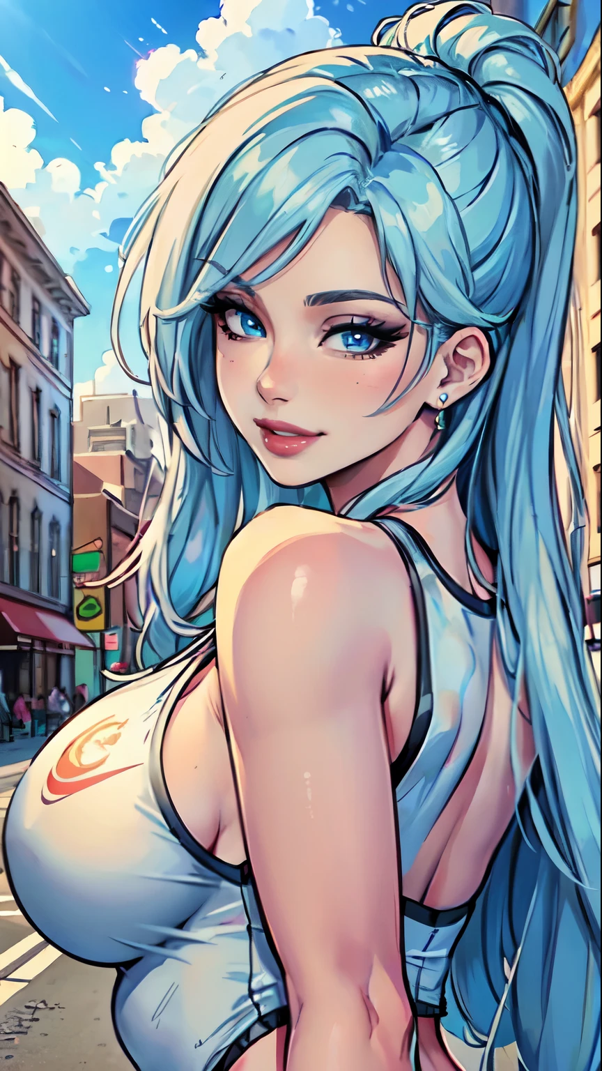 Masterpiece, raw, beautiful art, professional artist, 8k, art style by sciamano240, very detailed face, very detailed hair, 1girl, 25 years old, perfectly drawn body, beautiful face, long hair, light blue hair , very detailed blue eyes, pouty lips , rosey cheeks, intricate details in eyes, playful smile, looking directly at viewer , in love with viewer expression, wedding ring , lipstick, summer downtown setting, very close up on face, wearing cute summer clothes, wearing a Nike tank top,