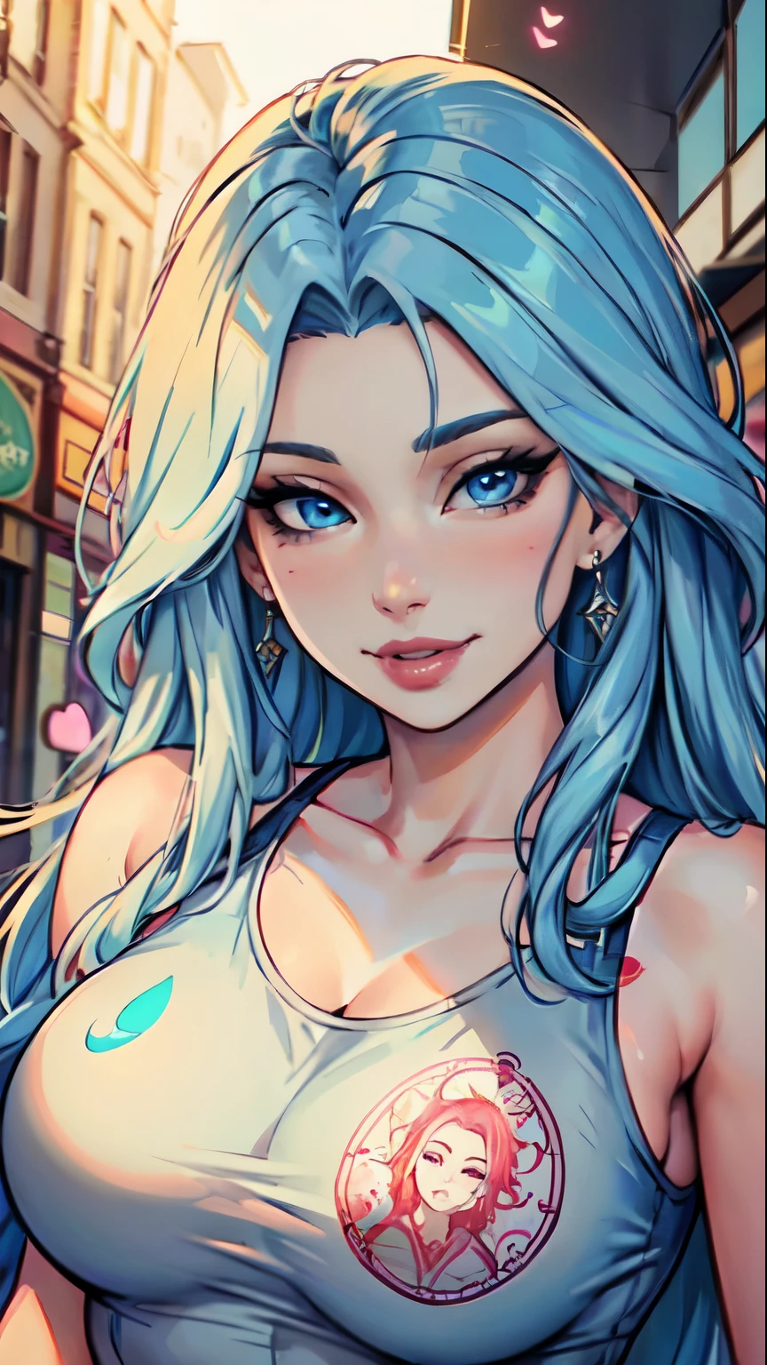 Masterpiece, raw,  beautiful art, professional artist, 8k, art style by sciamano240, very detailed face, very detailed hair, 1girl, 25 years old, perfectly drawn body, beautiful face, long hair, light blue hair , very detailed blue eyes, pouty lips , rosey cheeks, intricate details in eyes, playful smile, looking directly at viewer , in love with viewer expression, wedding ring , lipstick, summer downtown setting, very close up on face, wearing cute summer clothes, wearing a Nike tank top,
