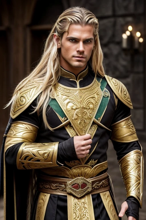 Tamlin is described as strikingly handsome and young in appearance (he looks like a man in his late twenties), he is tall with tanned skin and a warrior’s build, honed to perfection over several hundred years of training. He is first seen in his Fae form wearing an exquisite golden mask embedded with emeralds shaped like whorls of leaves that covered his nose, cheeks, and brows. He has long golden blond hair and deep green eyes flecked with gold. He tends to wear warrior's clothes, preferring practicality to finery.