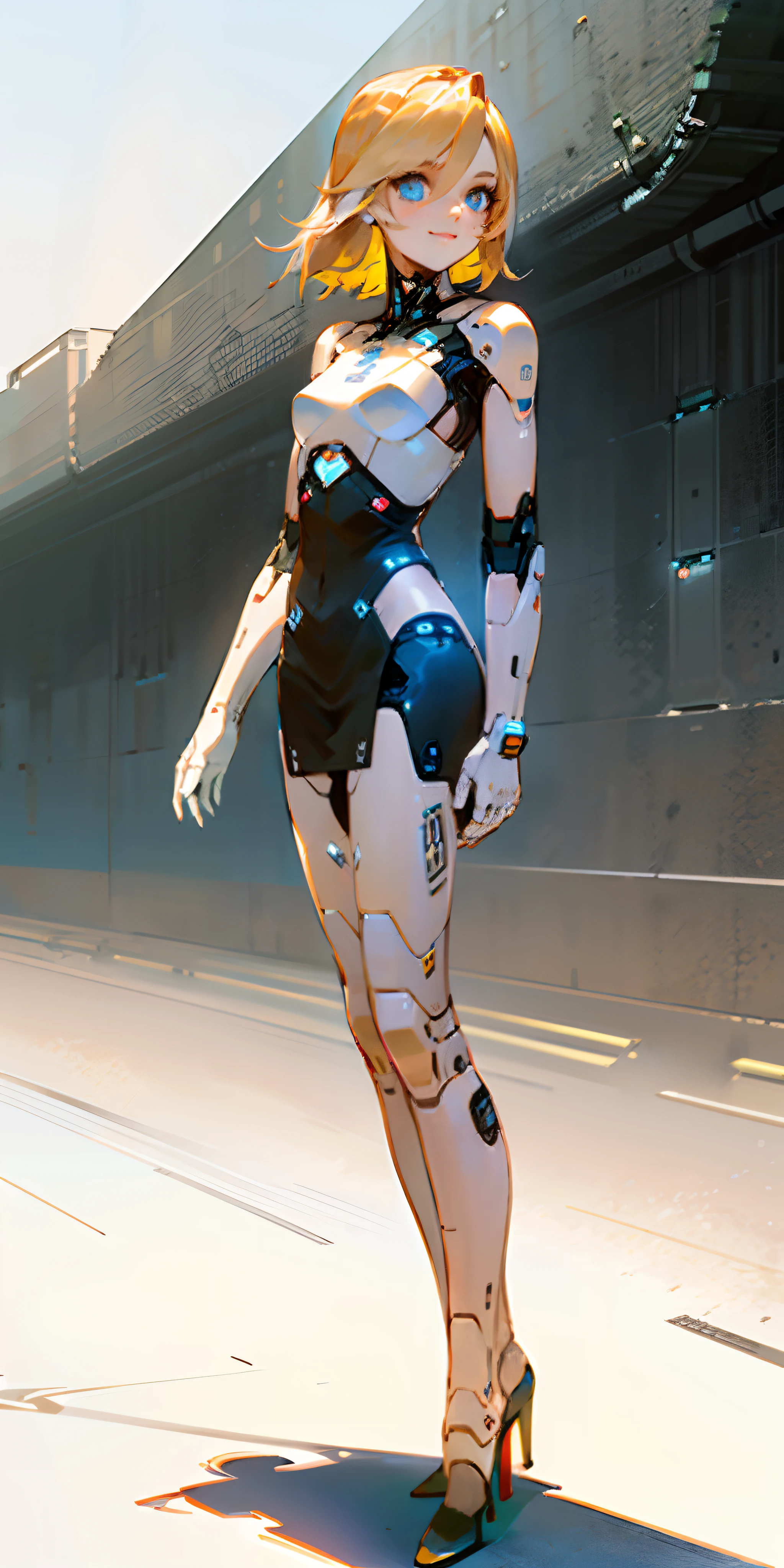 (Best quality, masterpiece:1.5), solo, standing, close up, beauty shot of a beautiful blonde haired android woman with shimmering blue eyes, decently sized, soft breasts, and detailed seams along her body, wearing a futuristic flowing dress, and matching high heels. She's posing confidently, and has a confident smile on her face. The background shows she’s in a futuristic version of New York City, at night.