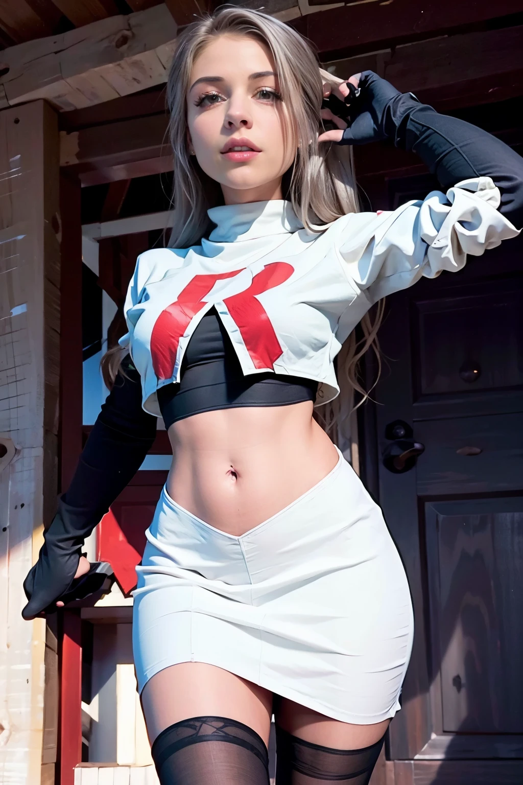 xoaeriel, a woman wearing team rocket,team rocket uniform,white skirt,red letter R,crop top,black thigh-highs,black elbow gloves,