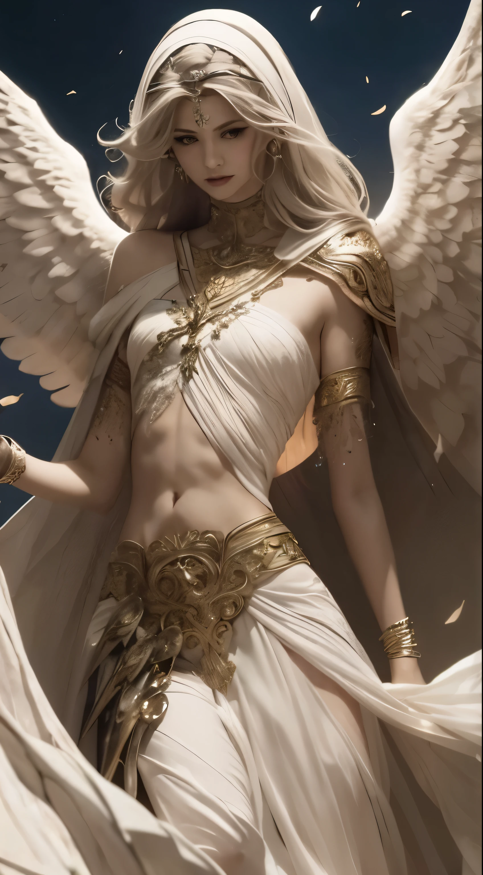 A woman in a white dress with wings and a sword, goddess. very detailed, Full body angels, extremely detailed goddess shot, beautiful female angel, tall female angel, angel knight girl, beautiful angel, Magnificent Angel Wings, of beautiful angel, Angel's Golden Armor, beautiful goddess, As a mysterious Valkyrie, anime goddess, Precise Angels in the Bible, angel knight gothic girl