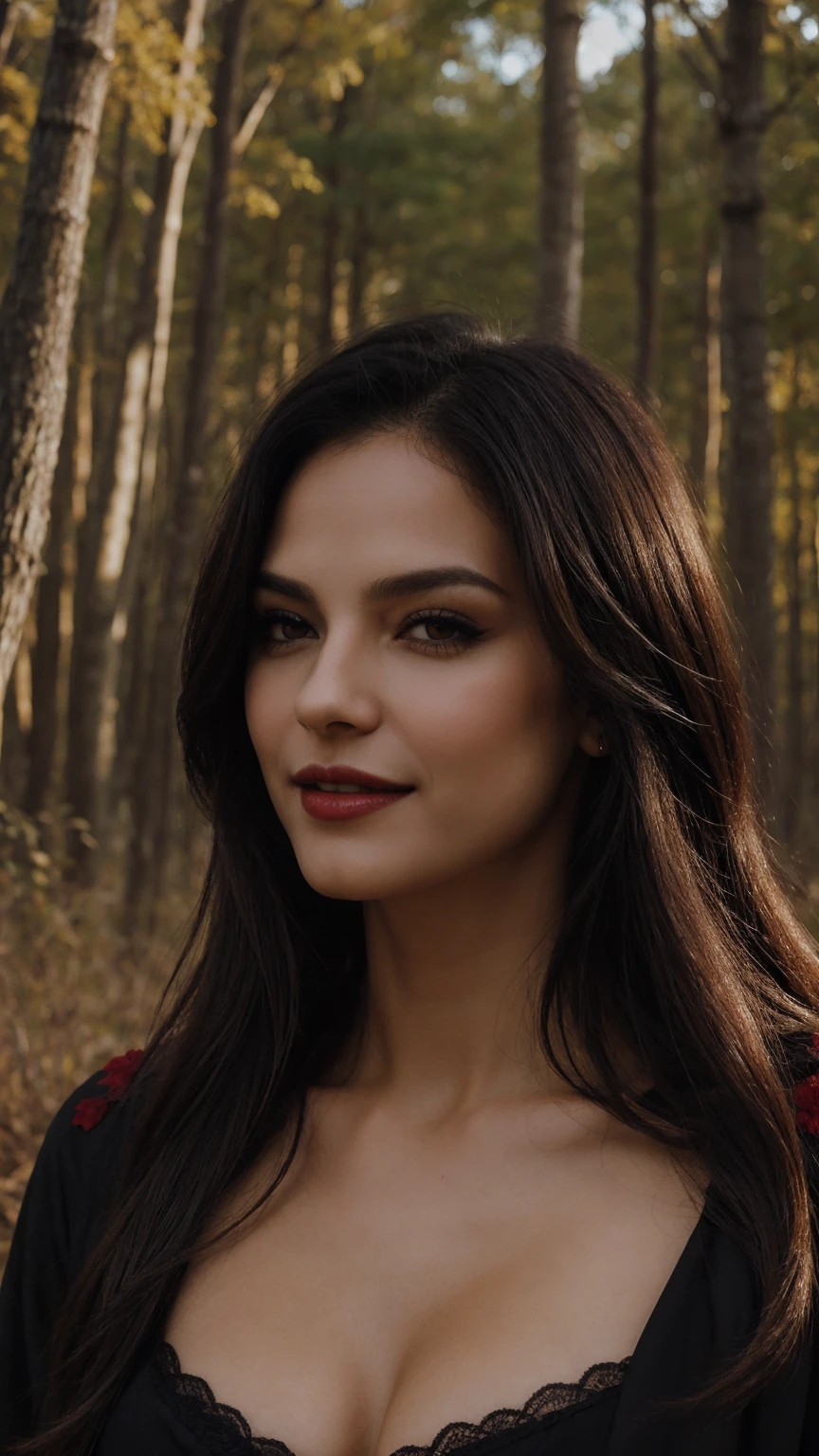 vampiresa sexy, sangre en los labias, labios grandes, sonriendo, colmillos de vampiro, depth of deep golden forest field