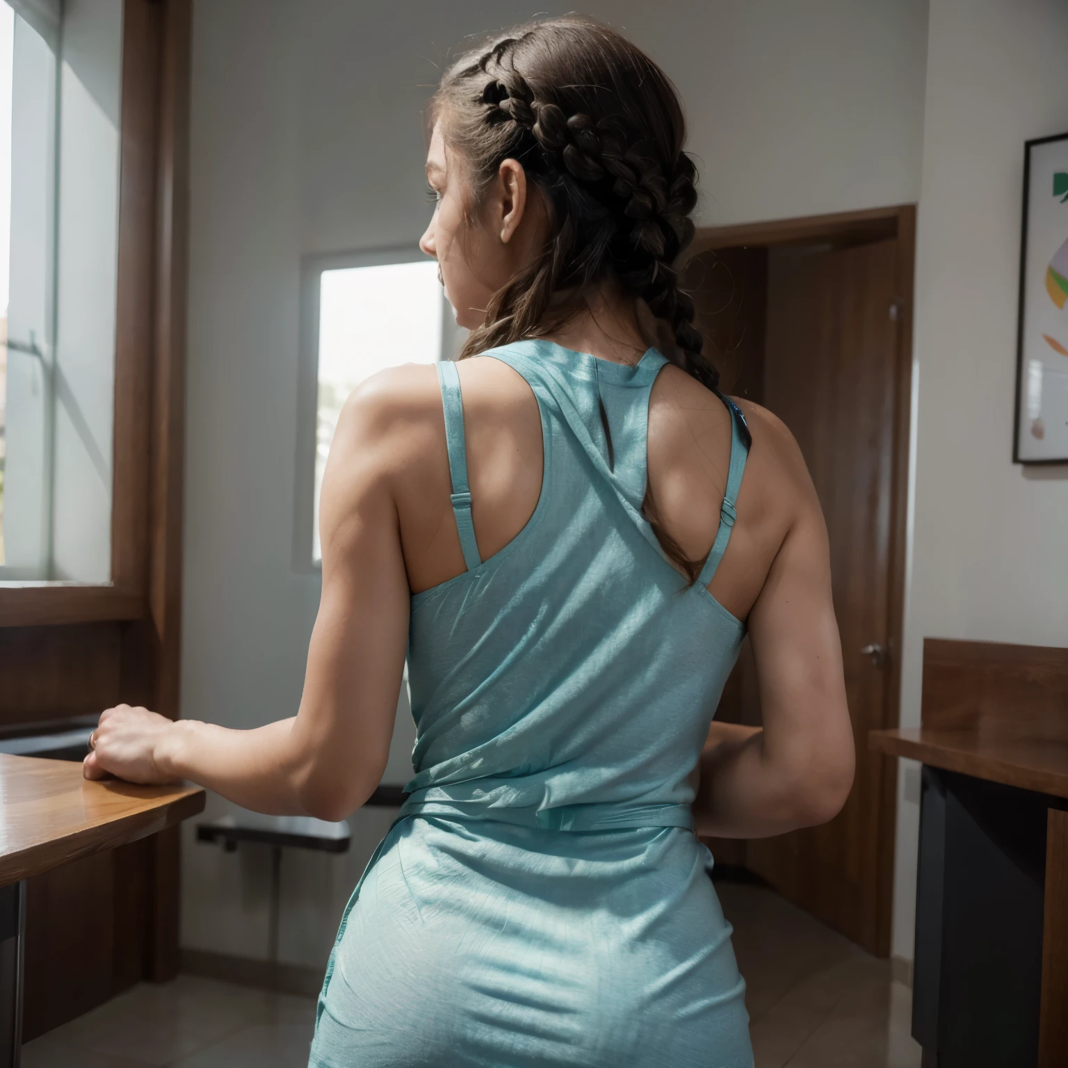 professional corpo todo photo, (Foto 4k:1.1), (sharp focus:1, Great Lightning, alto detalhe, cabelo loiro, confiante, garota perfeita, garota magra, L seios:1.6, Anatomia perfeita, simetria perfeita:1.2, realista, realista face:1.2, rosto perfeito, feliz, confiante, altamente detalhado, and dramatic, cinematic lighting, cena brilhante, luzes suaves, Olhos azuis claros, hiperrealista, photorealista, obra de arte, corpo todo, em cafeteria, Vestido branco sem costas de manga comprida, braid, back to camera, walked away from the camera
