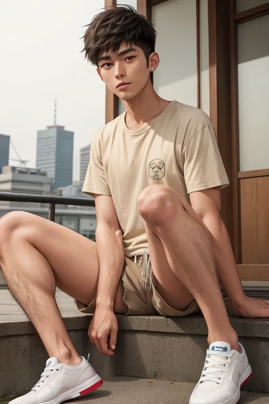 (super sharp focus), (((hairy legs))), hairy legs, toned legs, whole body, two block, messy shortt hair, long legs, Japan Male, 27 years old, wearing beige shorts, wearing a t-shirt, very short hair, black hair