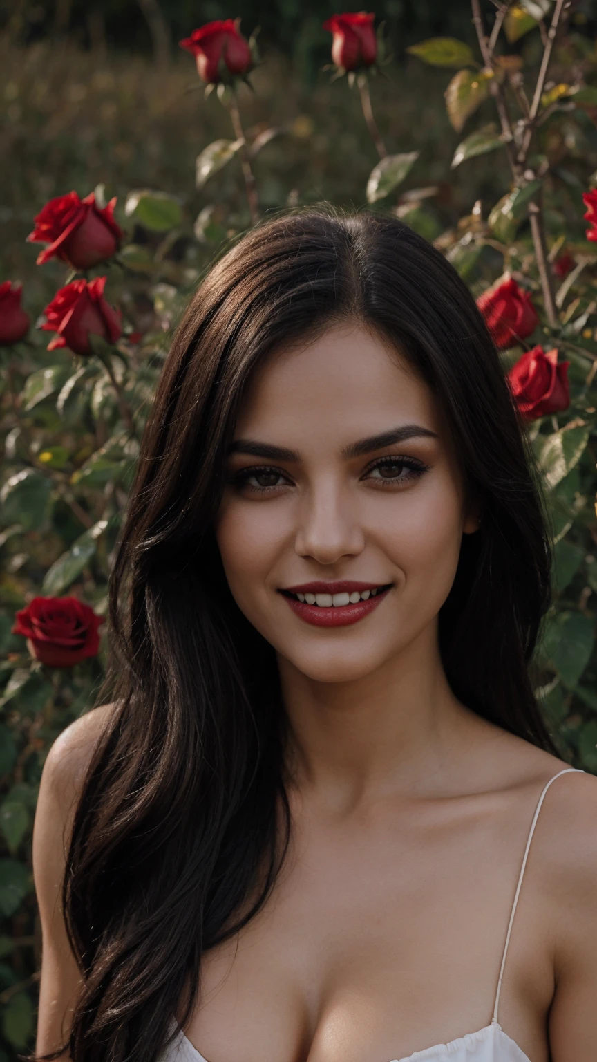 vampiresa sexy, sangre en los labias, labios grandes, sonriendo, colmillos de vampiro, depth of golden rose farm field