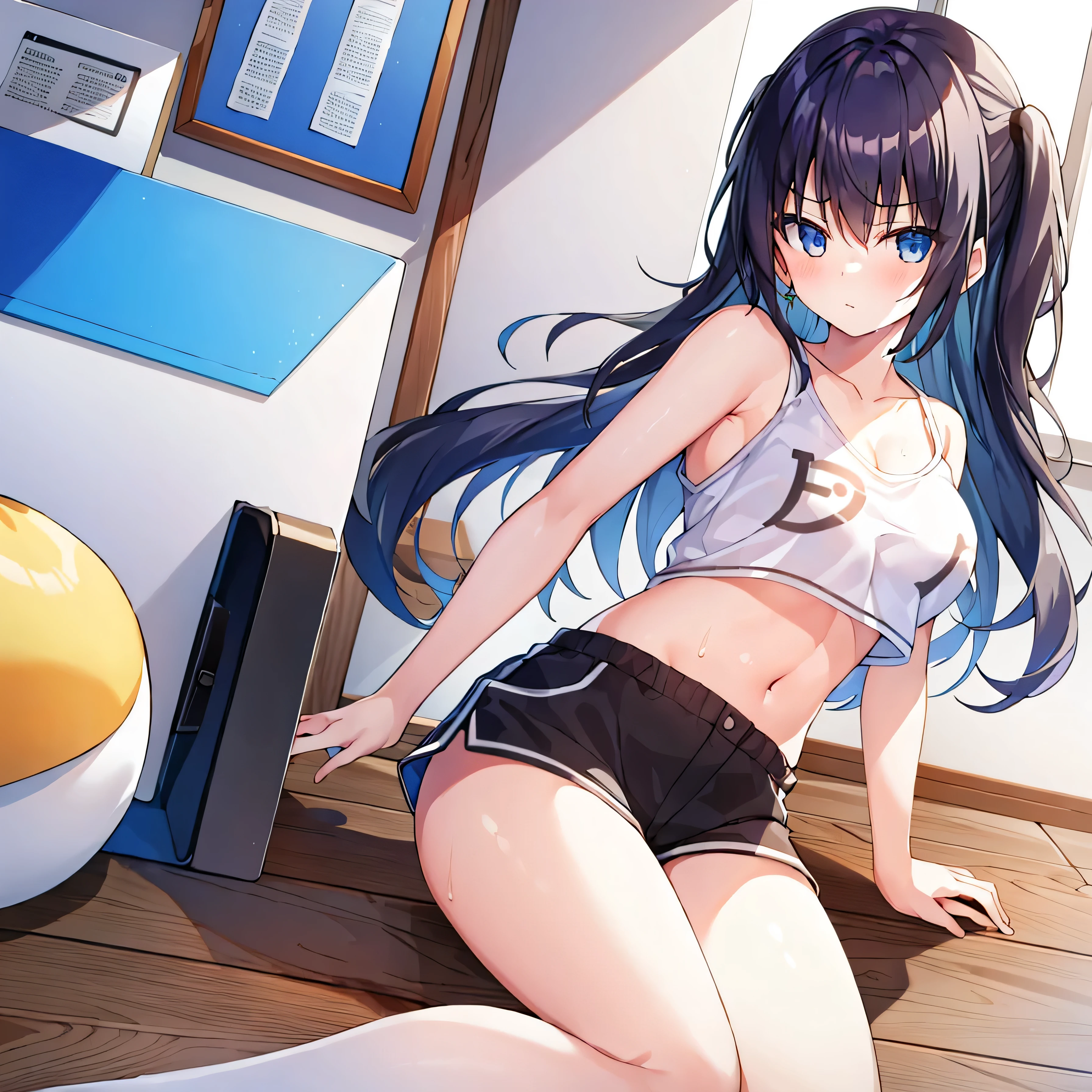 1 girl, , alone, , Black_shorts, 乳头Play耍_,green_Eye, shorts, felling, purple_hair, double tail, 红色的Eye镜, hair_decorate, fail, fail_, Face turned red, curtain, sitting, sweating, 荷兰海horn_horn, indoors, fail_乳头Play耍_, simple_shoulder, band_pinch slip, through bangs, deactivate_beak, Star_(symbol), _top, short_shorts, Star_hair_decorate, Windows, V shape_eyebrows very, clavicle, vague, big deal_, _pinch slip, Alcohol, dolphin_shorts, Play_乳头Play耍s, vague_background with, jewelry, side lock, white__top, Varisa, shirt, short_double tail, white_shirt,