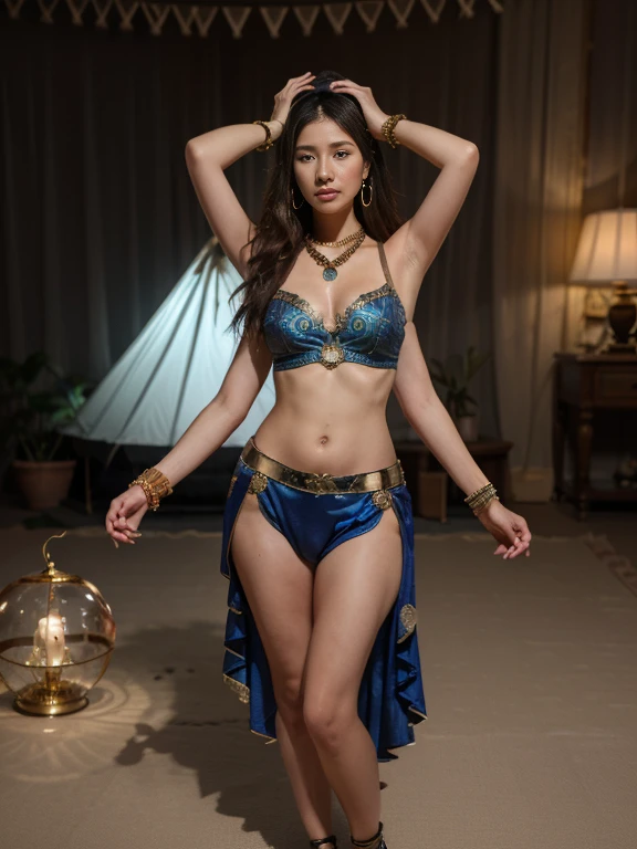 Dslr photo, (extraarms:1.2), (8k, 4k, masterpiece),beautiful pretty older mature asian woman, mysterious, hippie, fortune teller, new age, bohemian, indoors, tent, night, dark blue gold patterned clothes, belly dancer, long hair, bare midriff, sleeveless, bare shoulders, jewelry, bracelets, arm bands, head scarf, headband, hoop earrings, necklace,sultry, blurry background, (upper hands on head), (lower hands on knees), (lower hands holding glowing crystal ball), (elbows out), arms fully extended, dynamic, full subject in frame, full body view, thighs, standing, hands on hips, leaning, facing viewer, (extraarms:1.2), four arms